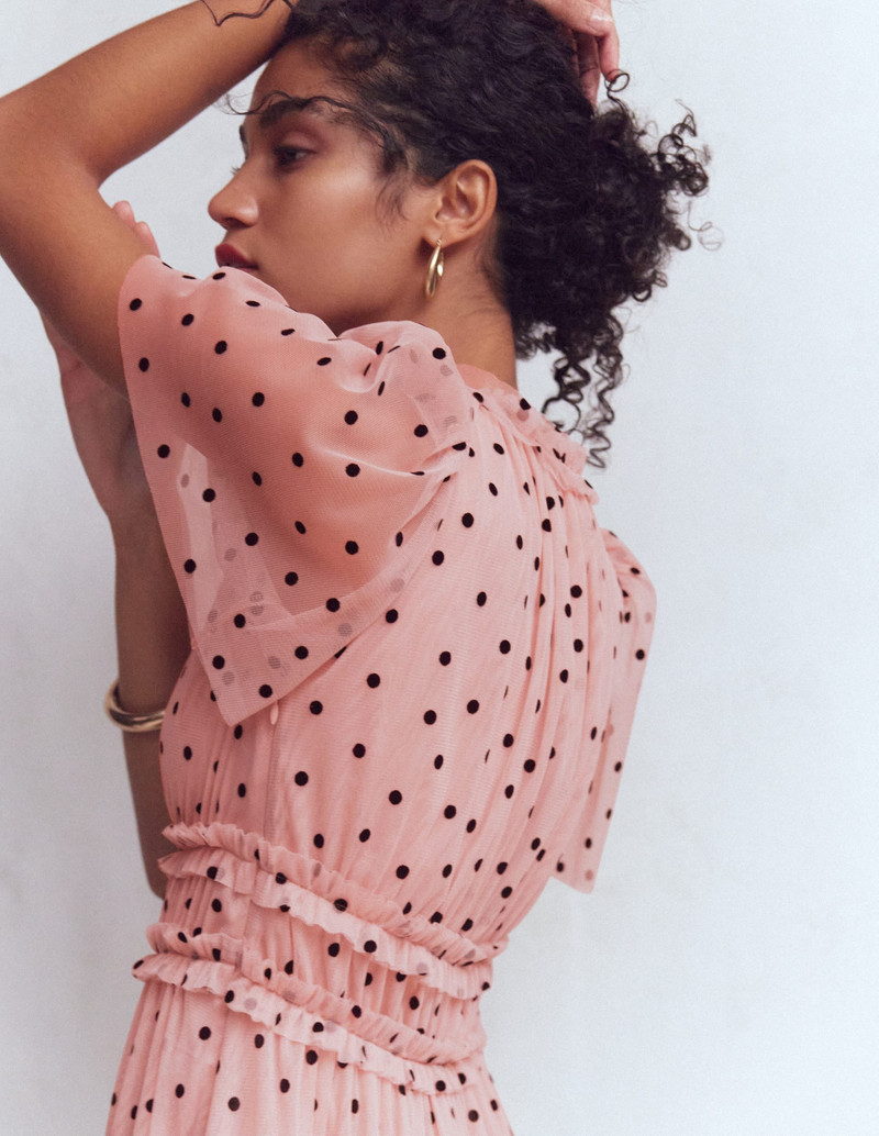 V-Neck Ruffle Tulle Dress-Ivory Black Spot 3