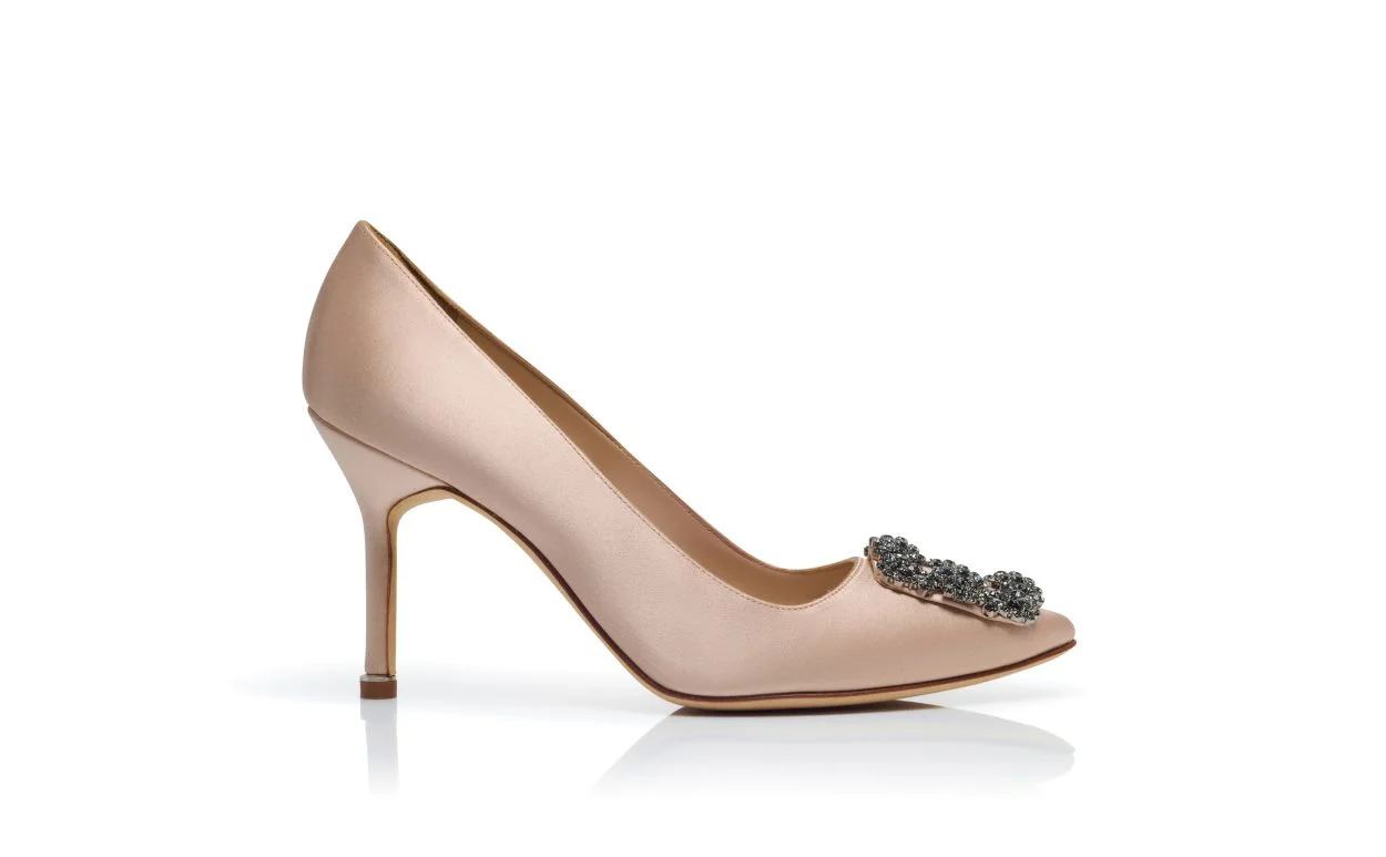 Beige Satin Jewel Buckle Pumps - 1