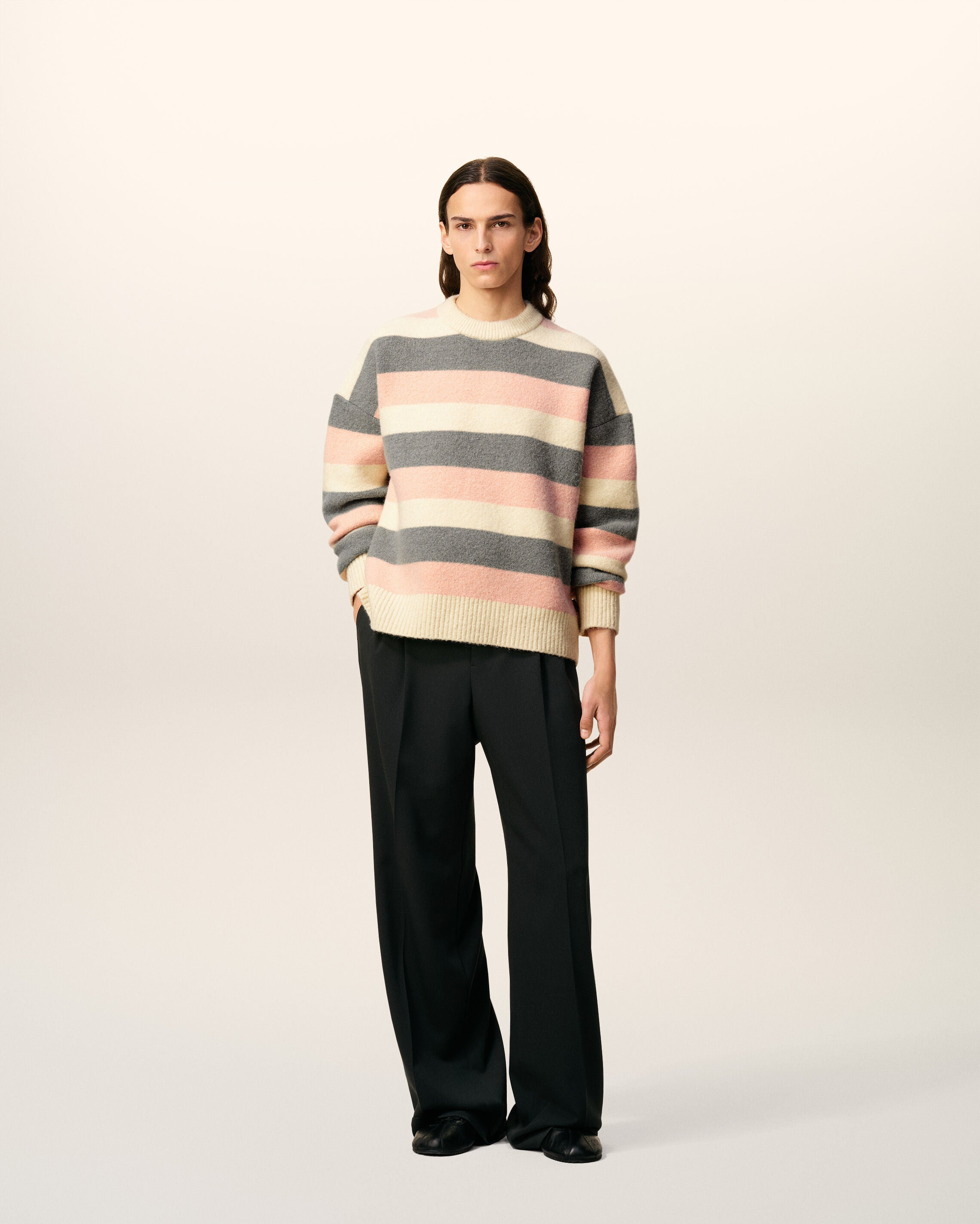GREY ALPACA STRIPED CREWNECK SWEATER - 2