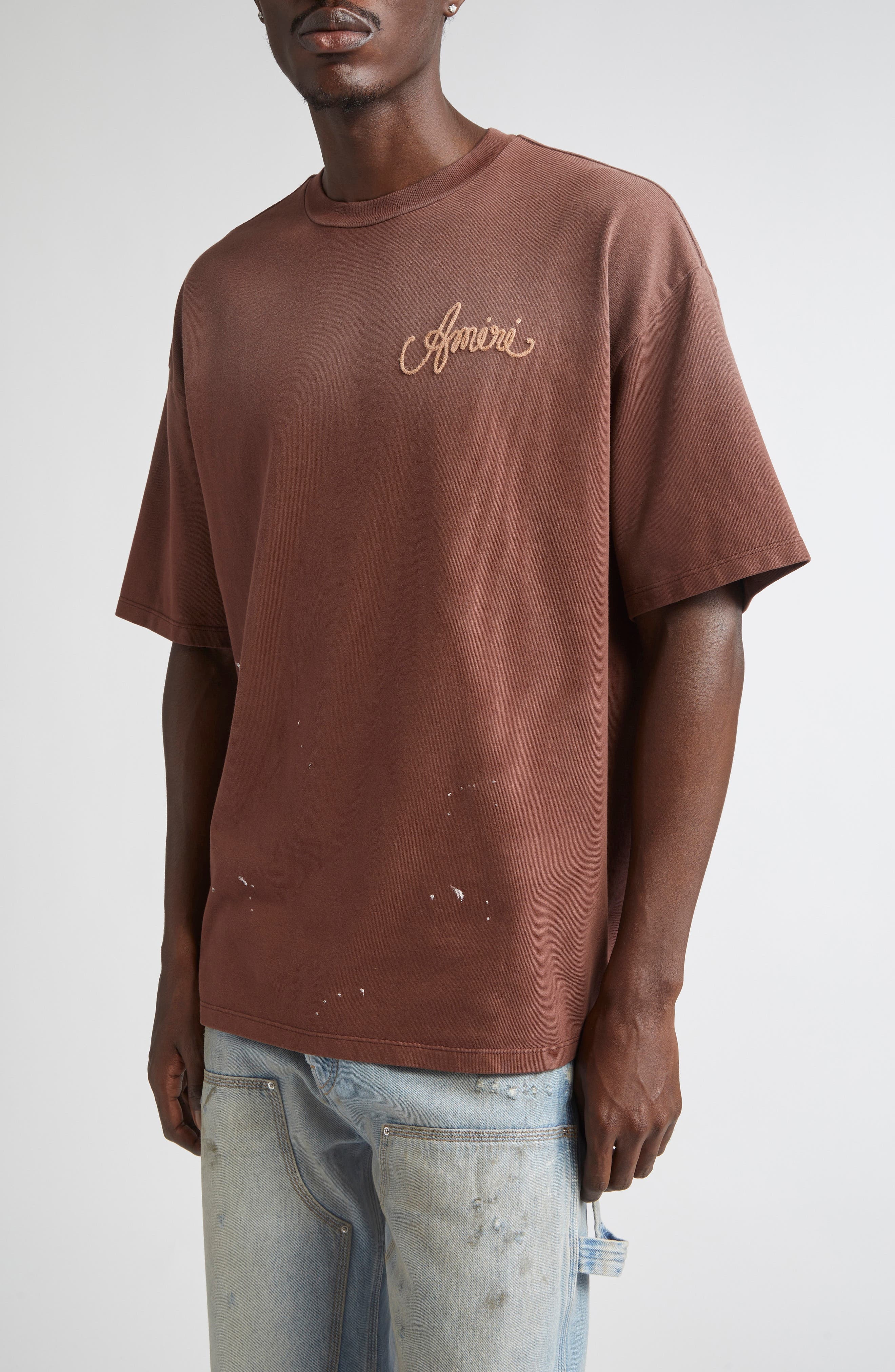 AMIRI Design Studio Embroidered Paint Splatter Oversize T-Shirt in Walnut Brown at Nordstrom - 1
