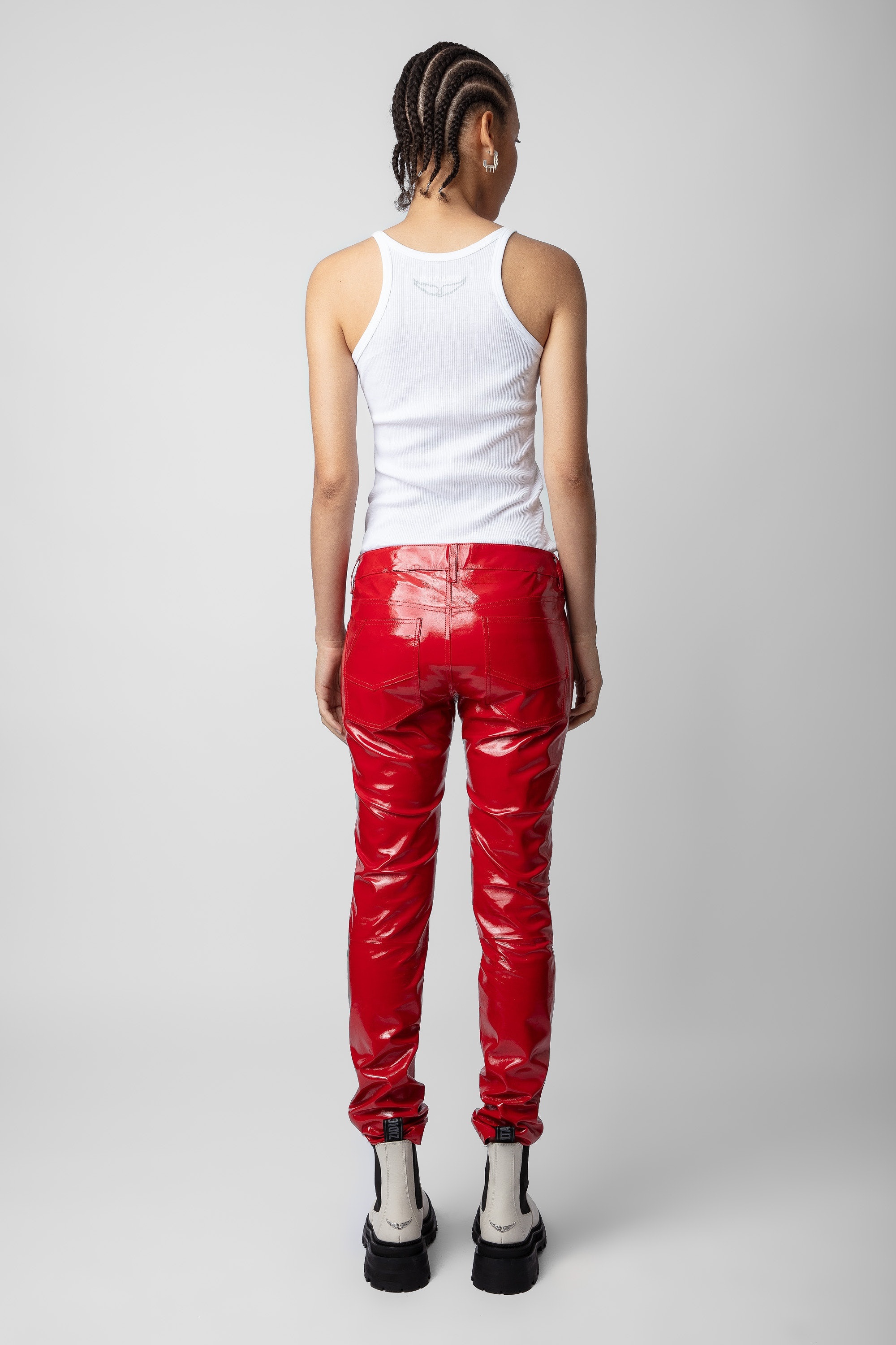 Red fashion vinyl jeans