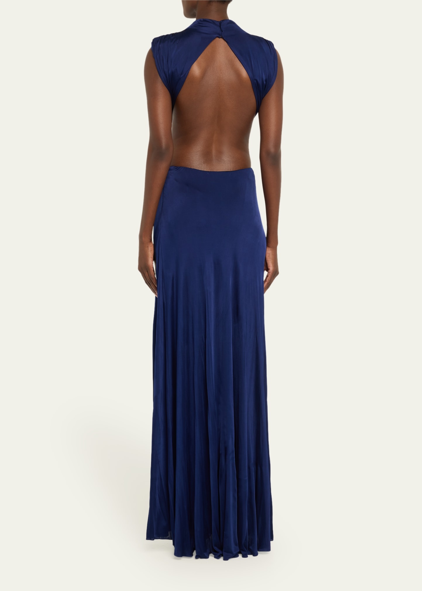 High-Neck Cutout Draped Backless Belted Gown - 3