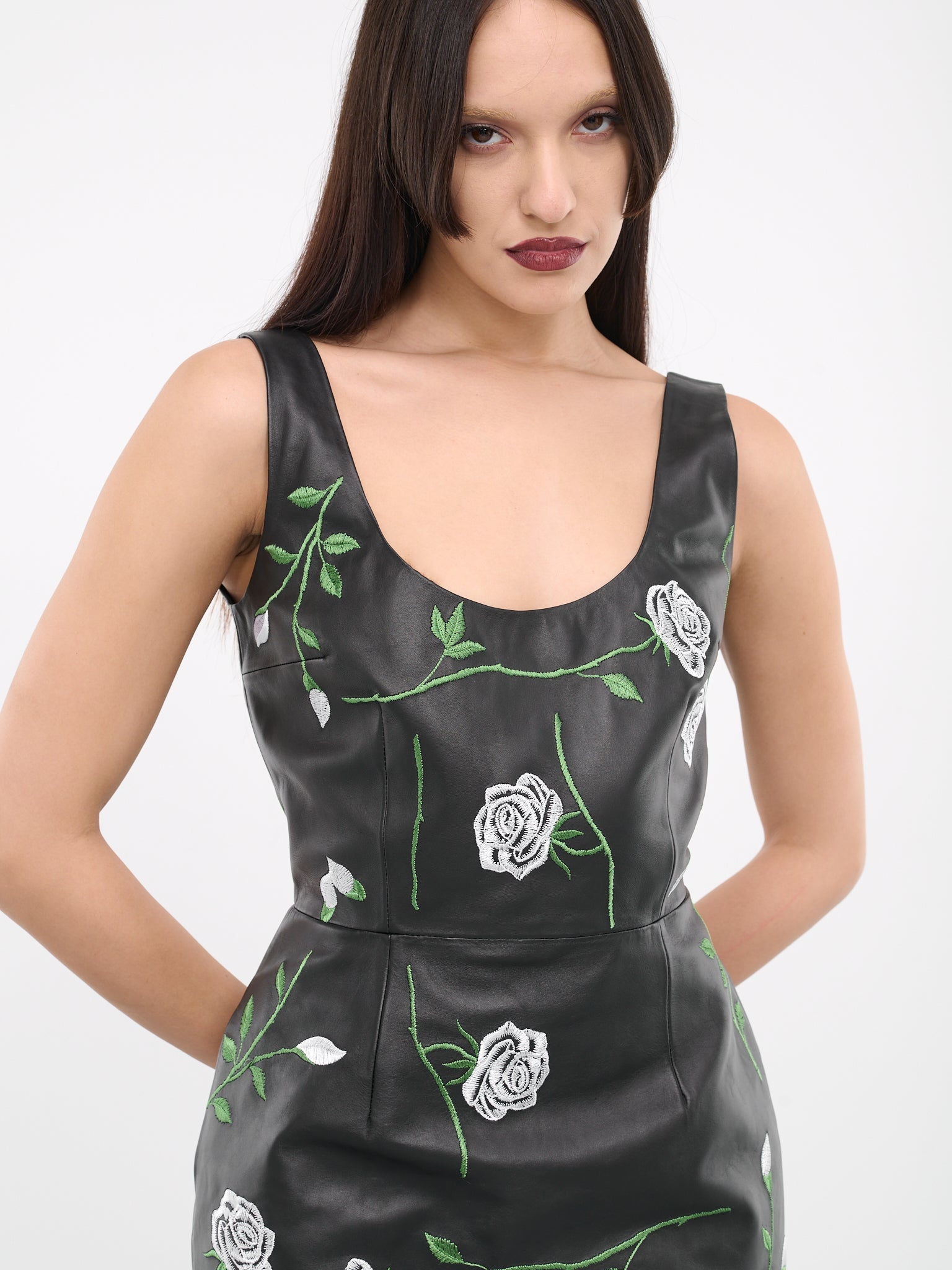 Floral Embroidered Leather Dress - 4