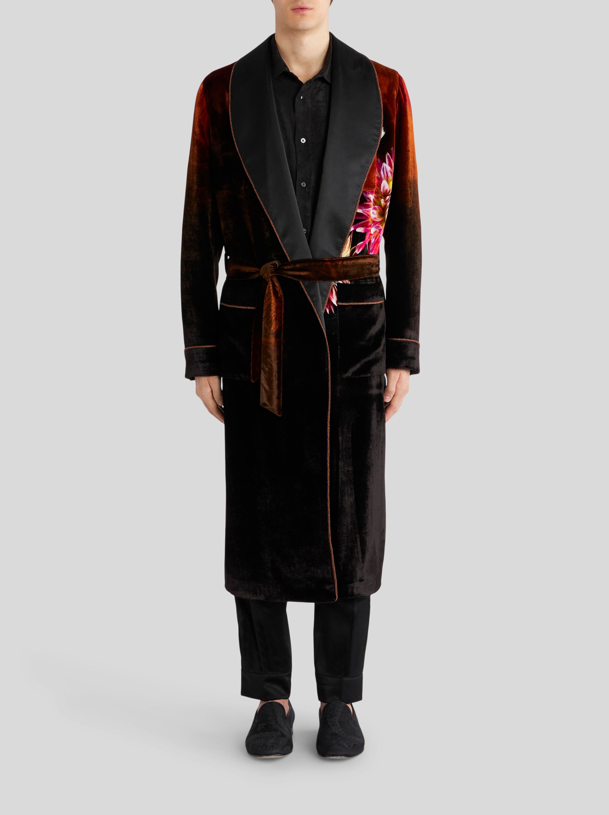 FLORAL PRINT SILK VELVET ROBE COAT - 3