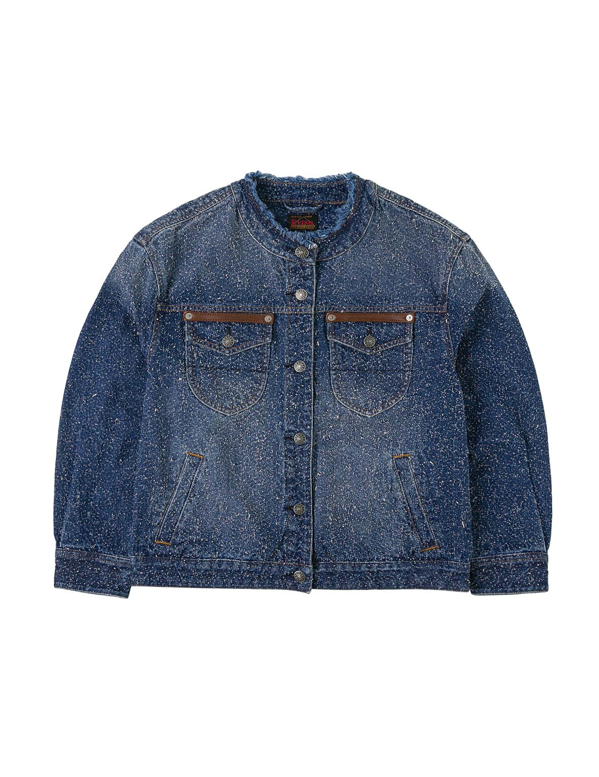Leather Trim Fashion Fit Collarless Denim Jacket - 11