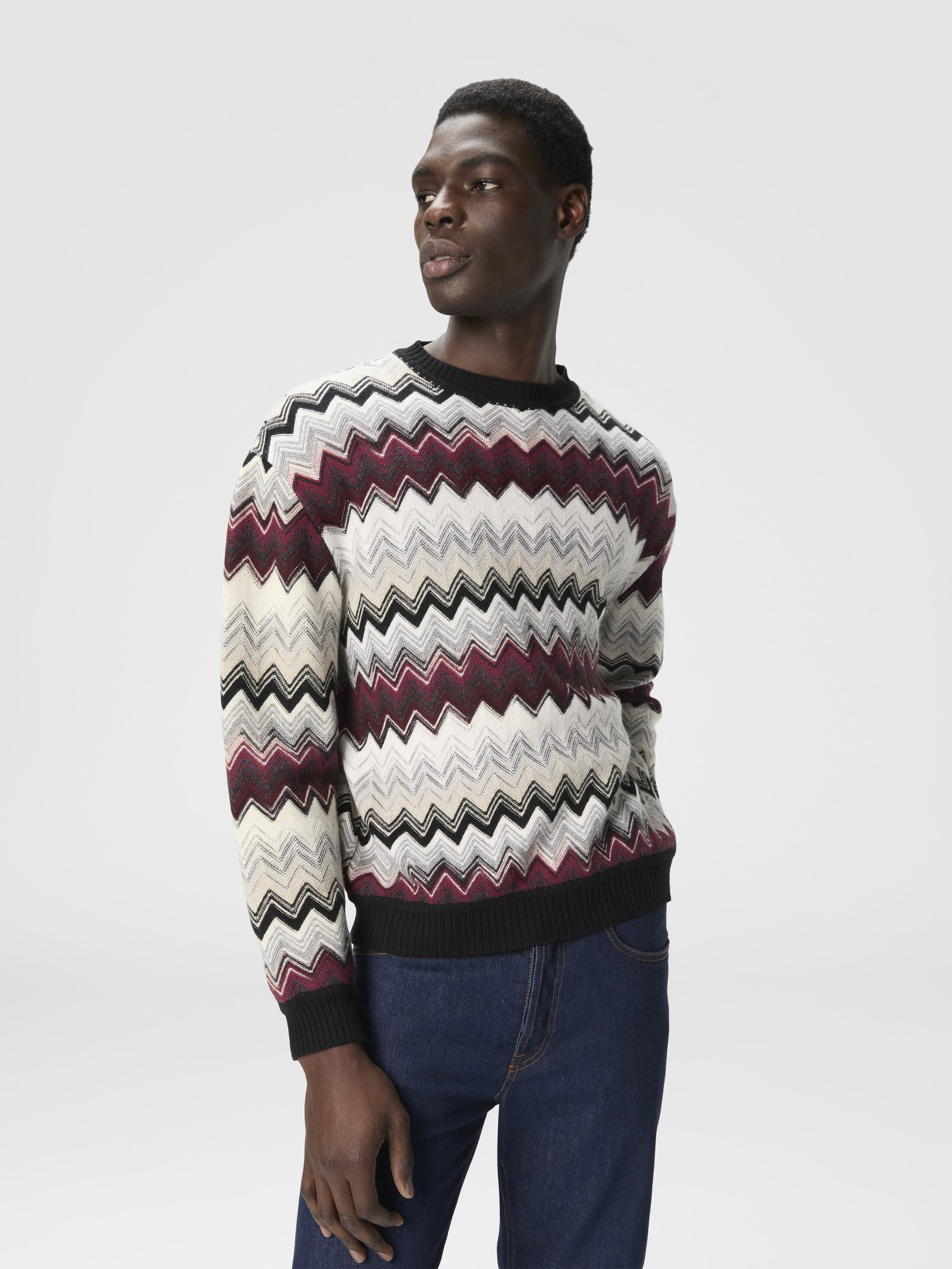 Missoni Crew Neck Sweater With Flame Zigzag Pattern in Beige & Burgundy at Nordstrom - 4