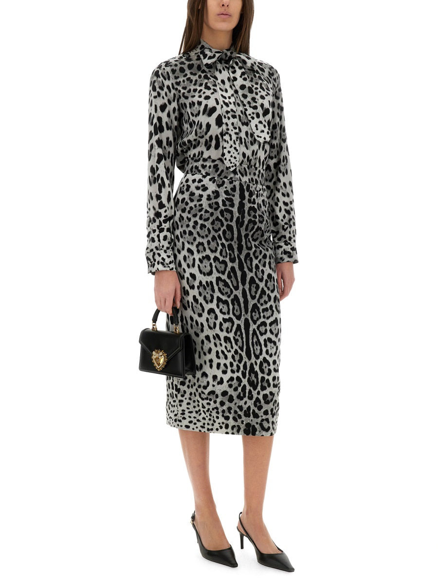 Dolce & Gabbana Women Leopard Print Bow Charmeuse Shirt - 2