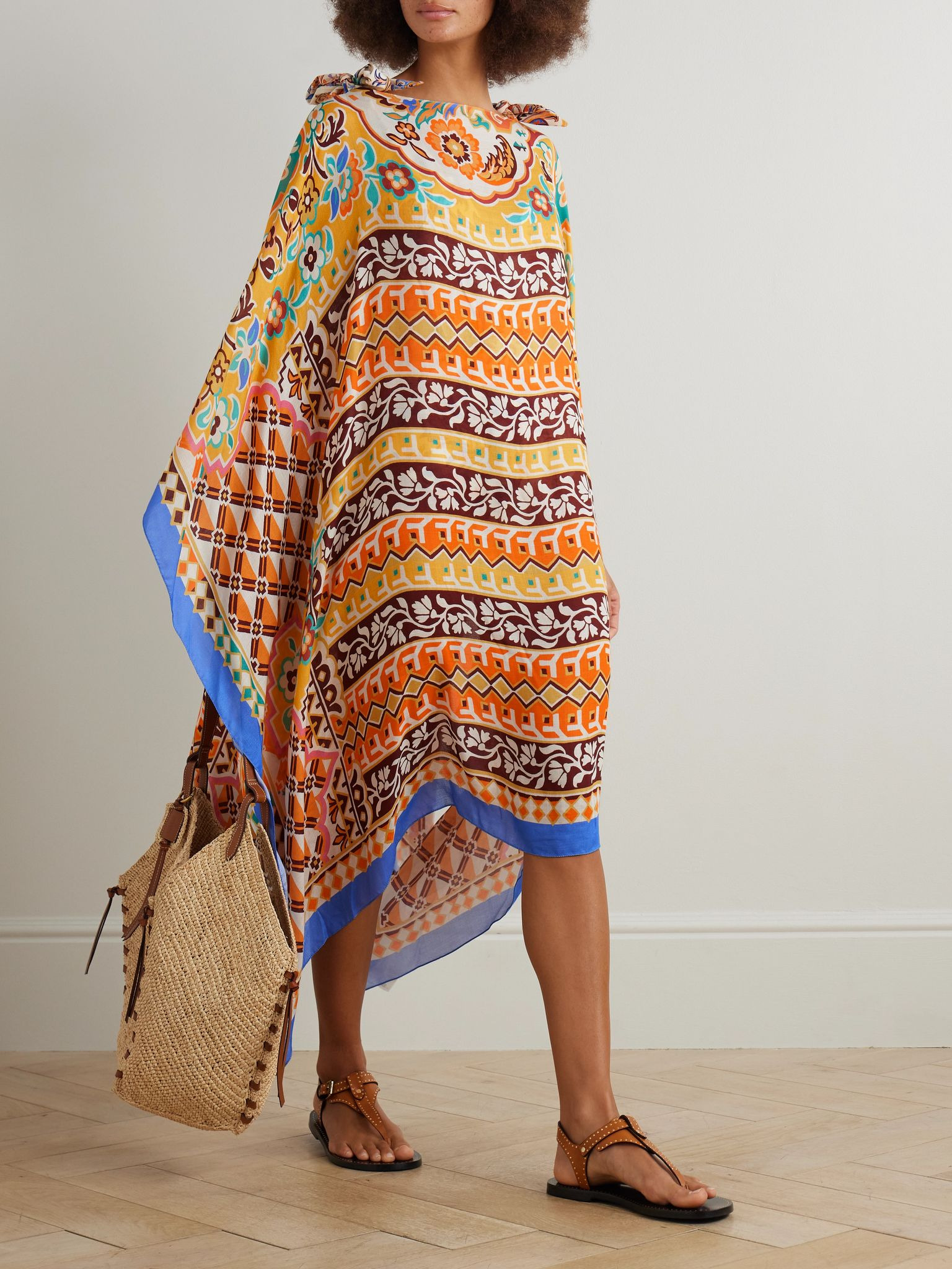 Asymmetric printed crepe de chine kaftan Orange - 2