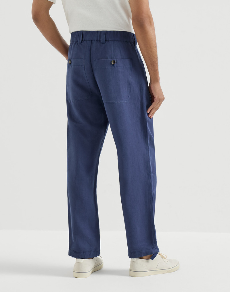 Linen and cotton drill trousers with patch pockets and drawstring 3