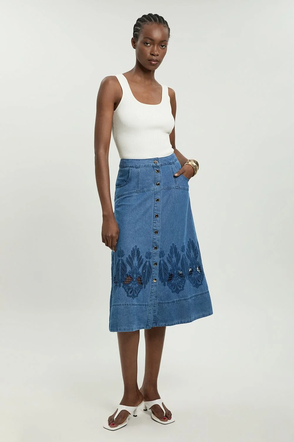 Denim Cut Out Full Midi Skirt - 1
