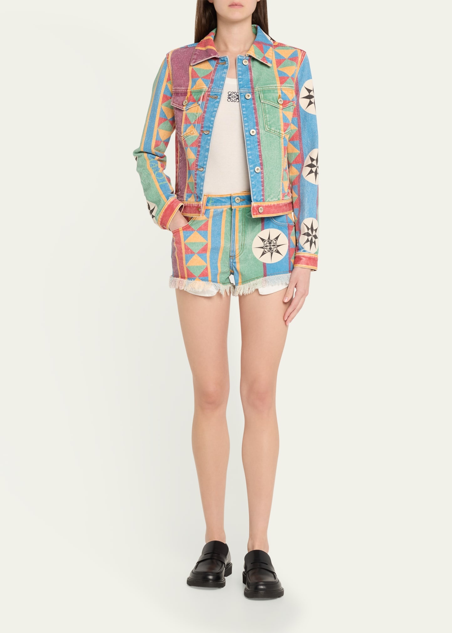 Geo Print Denim Frayed Peekaboo Shorts - 2