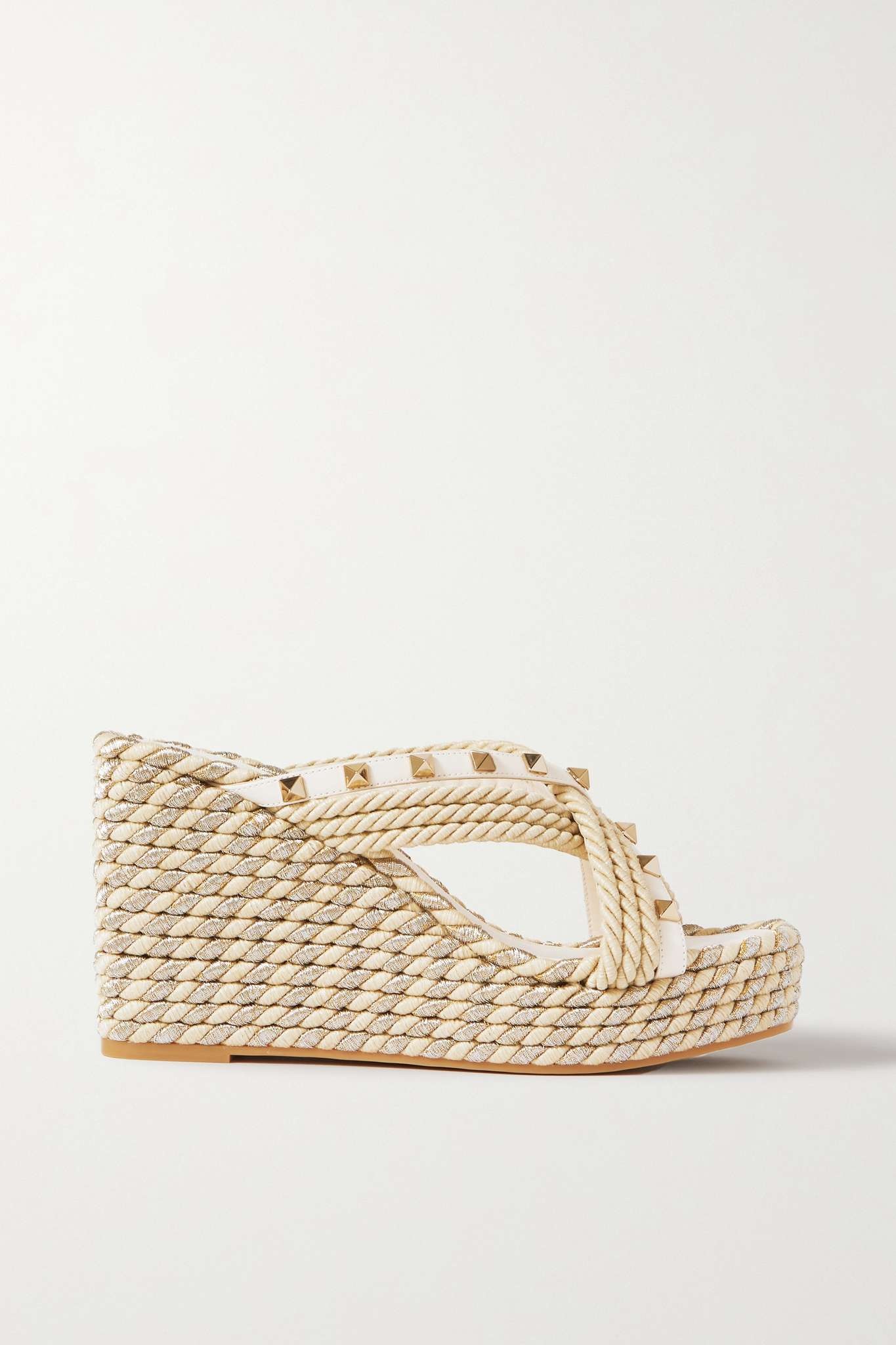 Valentino Garavani Torchon studded leather and metallic raffia wedge sandals - 1