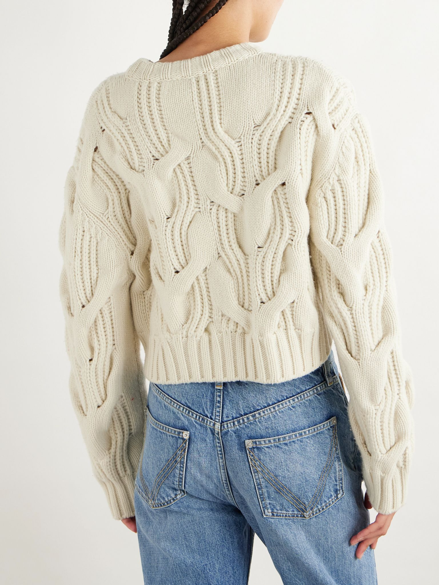 Cropped cable-knit wool sweater Cream - 3
