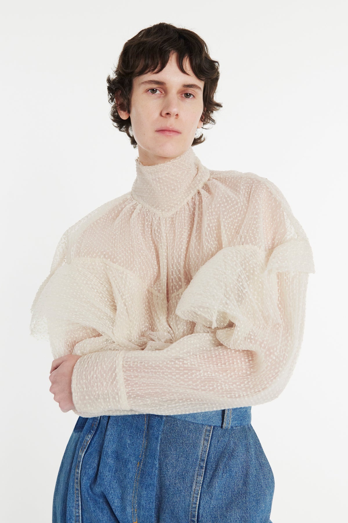 DOUBLE LAYERED TULLE TOP WITH CHEST FRILL DETAIL IVORY - 7