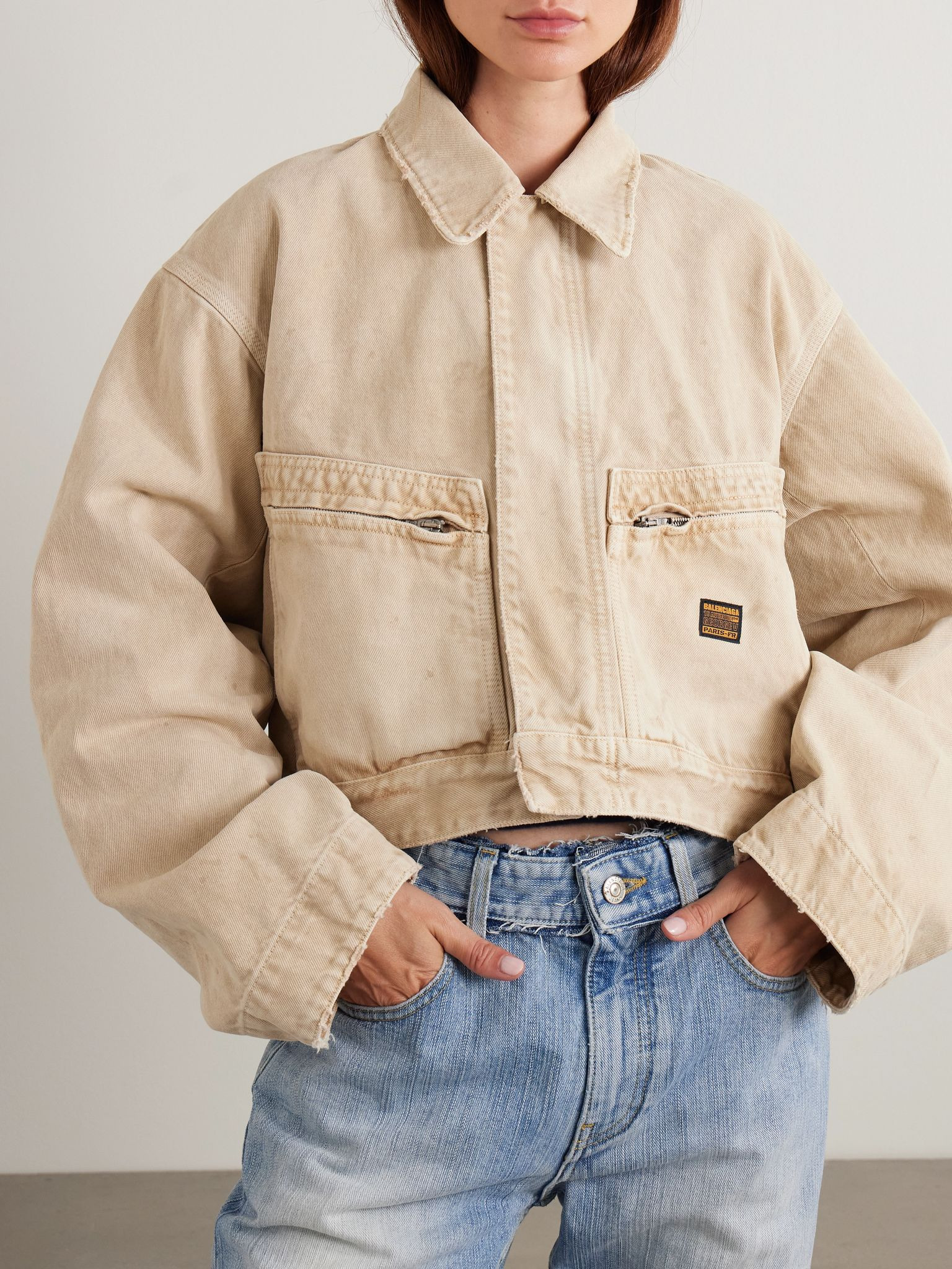 Cropped distressed appliquéd denim jacket Beige - 3