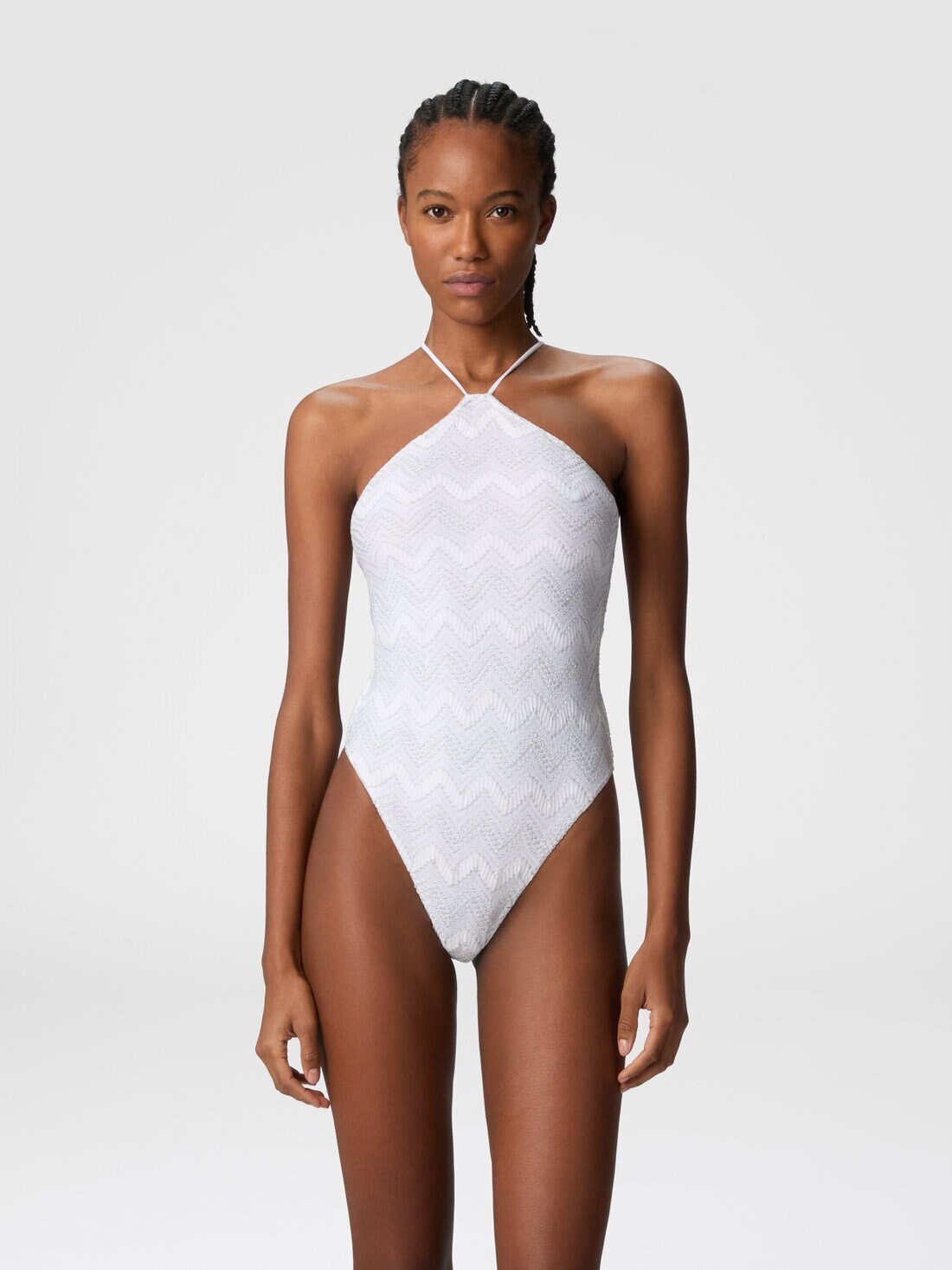 Zig zag lamé viscose one-piece swimsuit with halter neck - 2