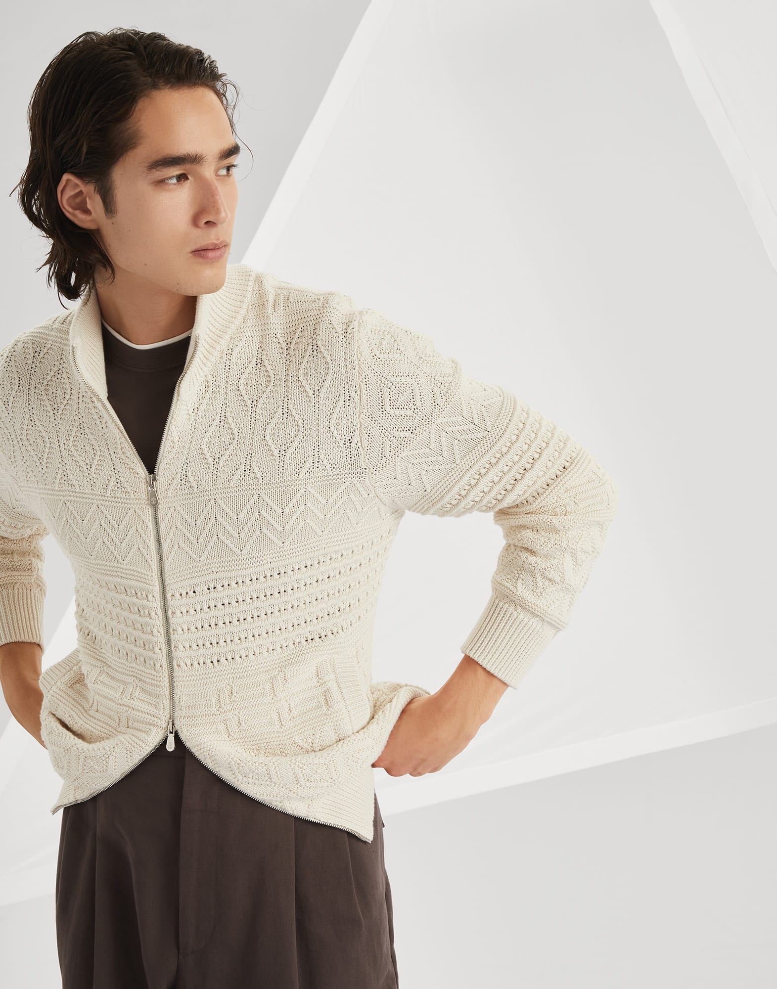 Heritage stitch cardigan in cotton with zipper - 4