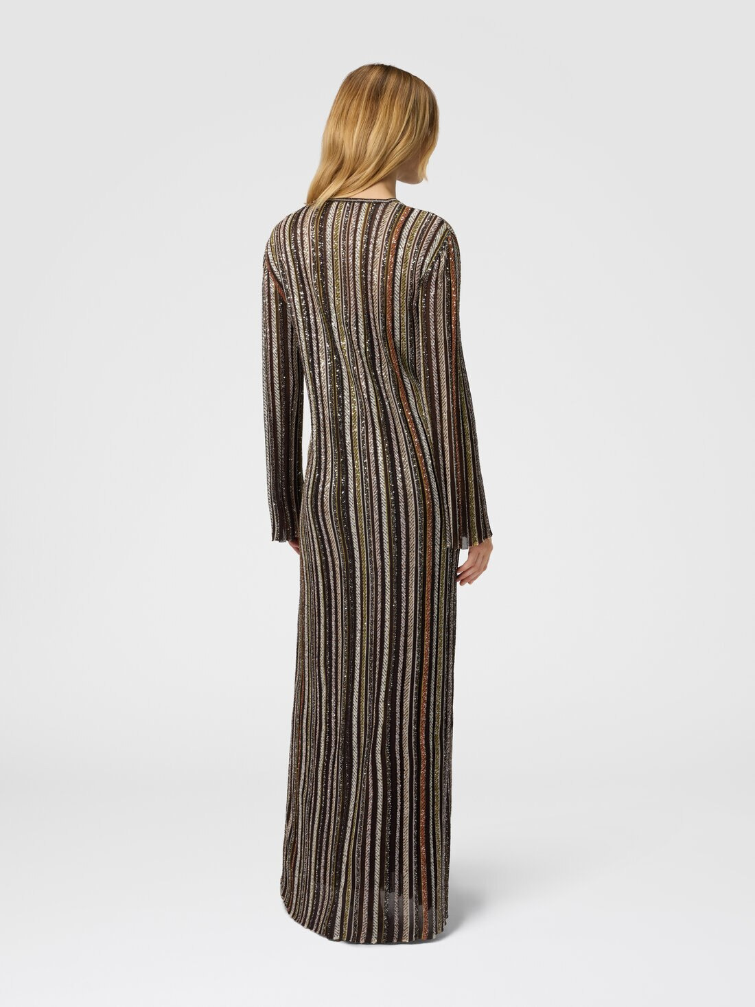 Long Dress with V-Neck and Herringbone Stripe Knit - 3