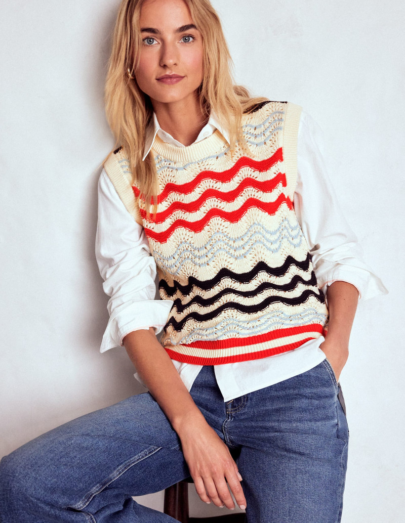 Cotton Wave Sweater Vest-Navy/ Red Textured Wave 6