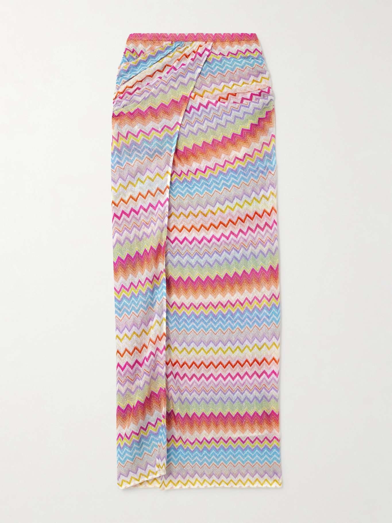 Wrap-effect layered striped metallic crochet-knit maxi skirt - 1
