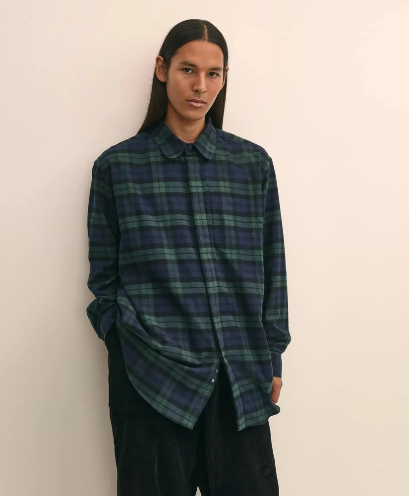 Brooks Brothers X Engineered Garments Cotton Flannel Round Pinhole Collar Oversized, Tartan Dress Sh - 1