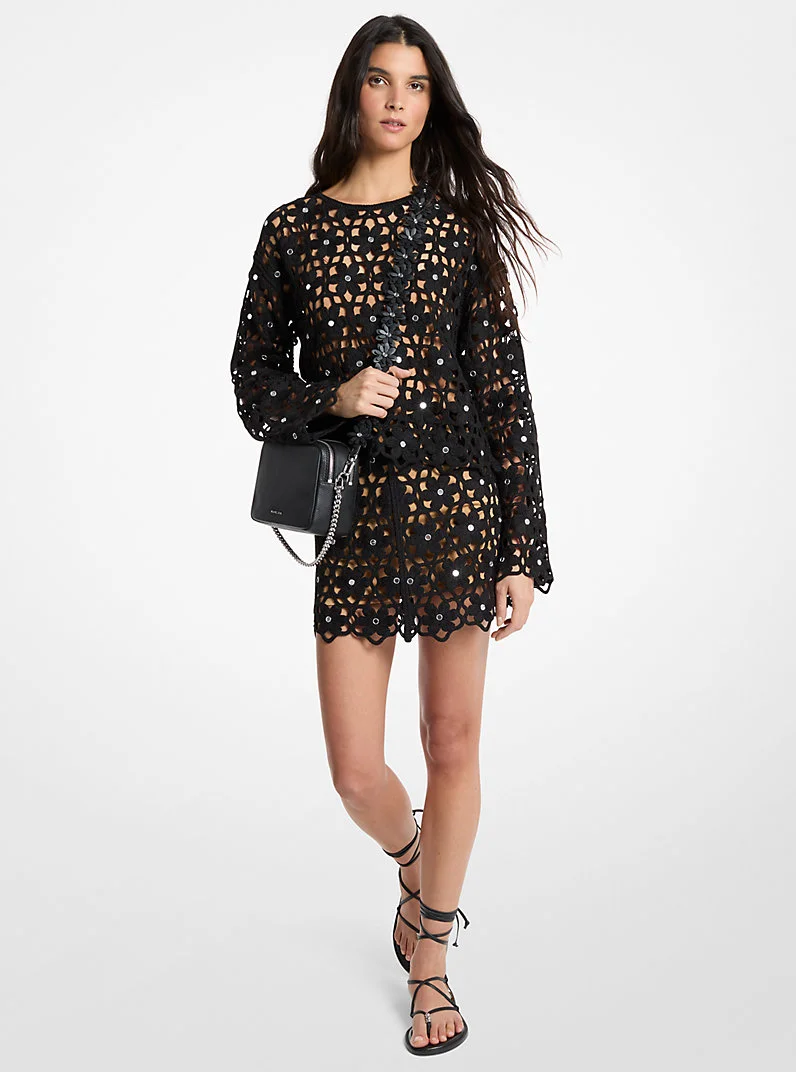 Mirror-Embellished Floral Crochet Skirt - 1