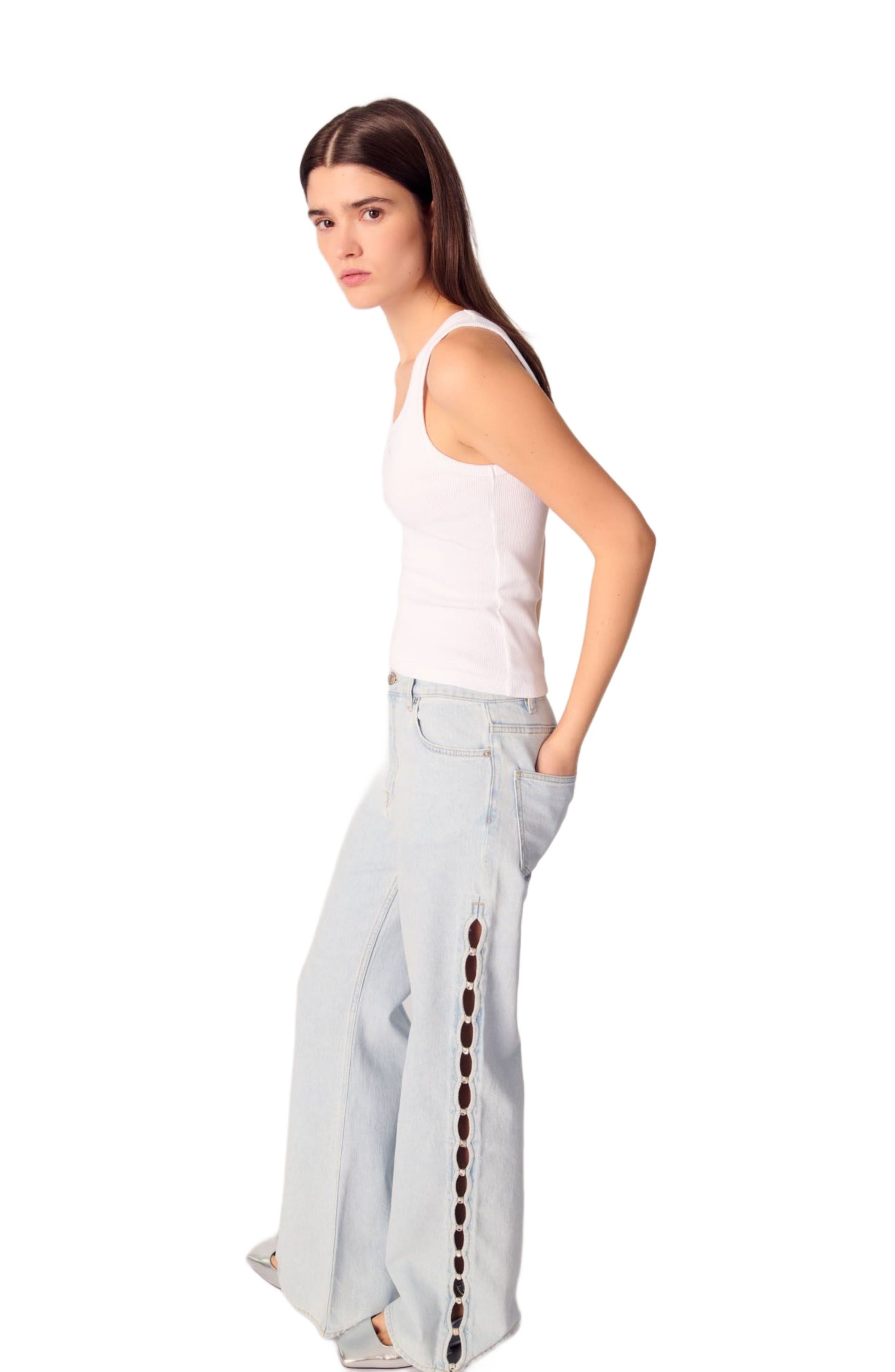 maje Wide-leg rhinestone cutaway jeans in Blue Sky at Nordstrom - 4