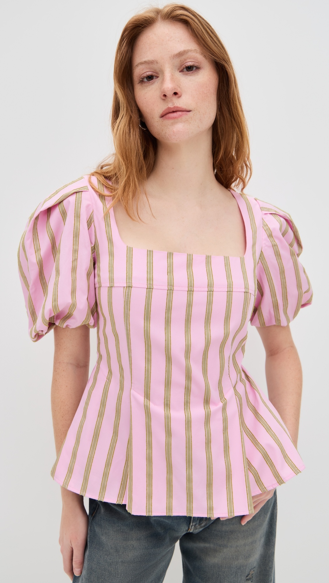 Soft Jacquard Weave Blouson Sleeve Top - 6