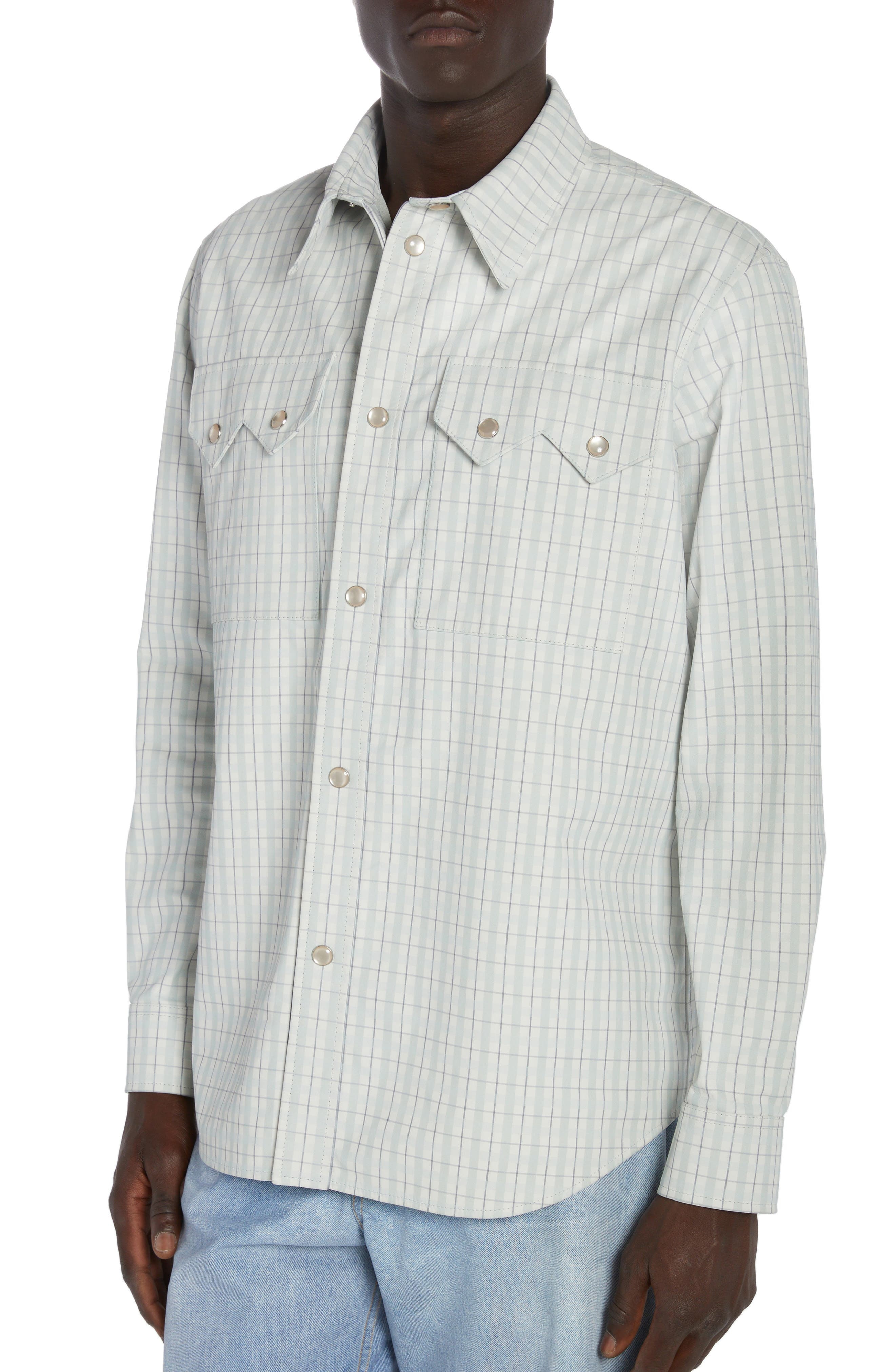 Bottega Veneta Check Print Leather Snap-Up Western Shirt in White/Grey/Mint at Nordstrom - 5