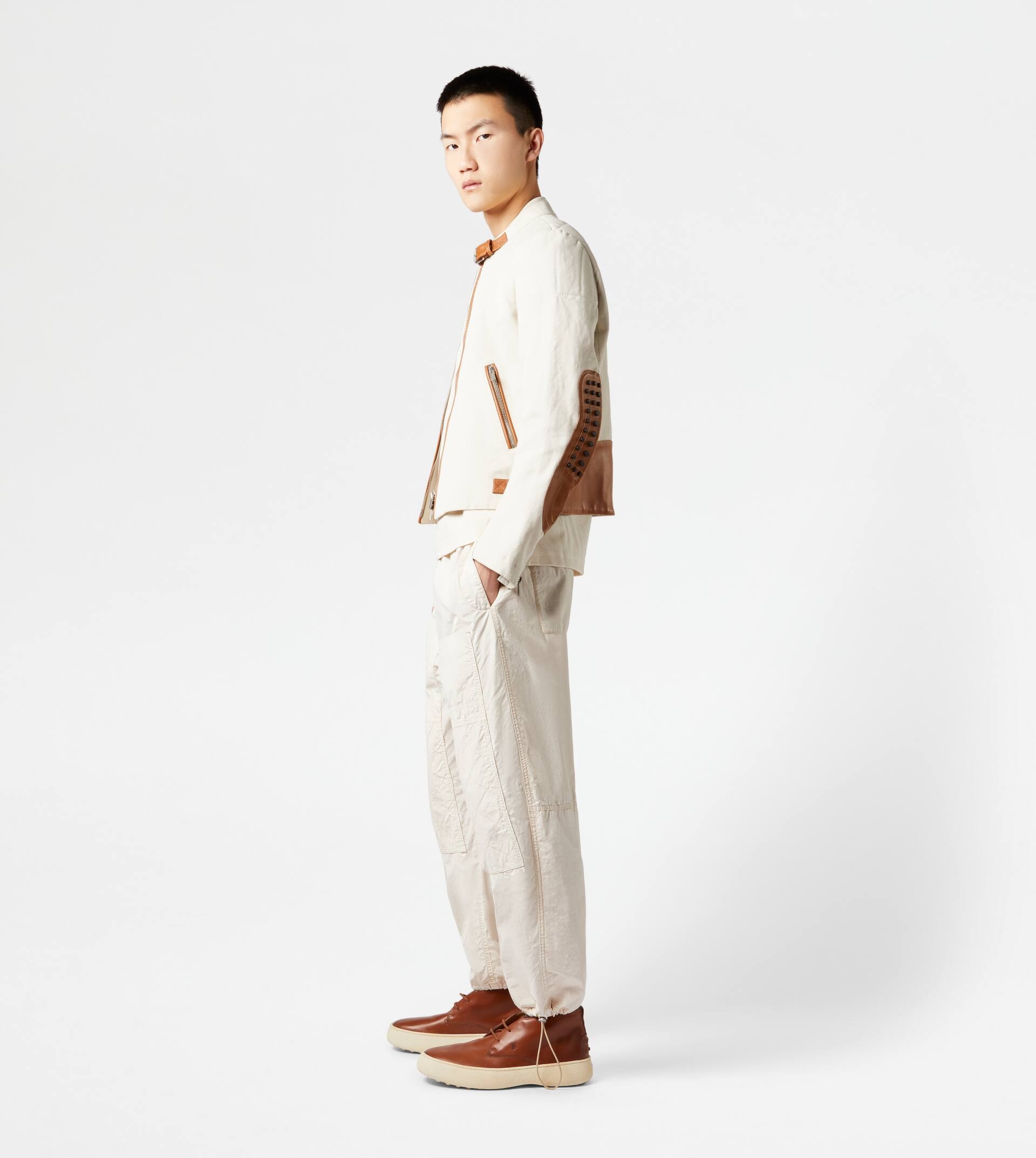 BIKER IN CANVAS AND LEATHER - BEIGE - 4