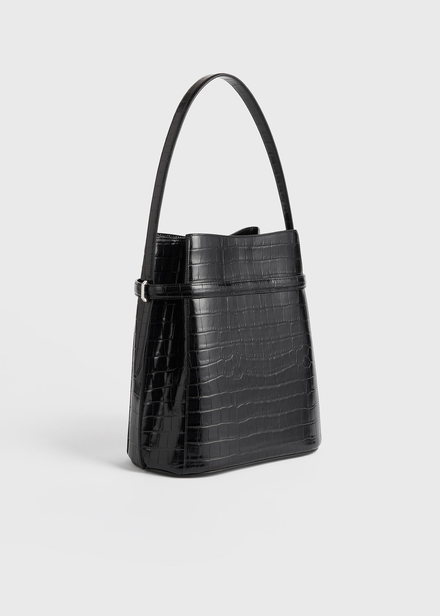Belted croco-embossed bucket bag black - 4