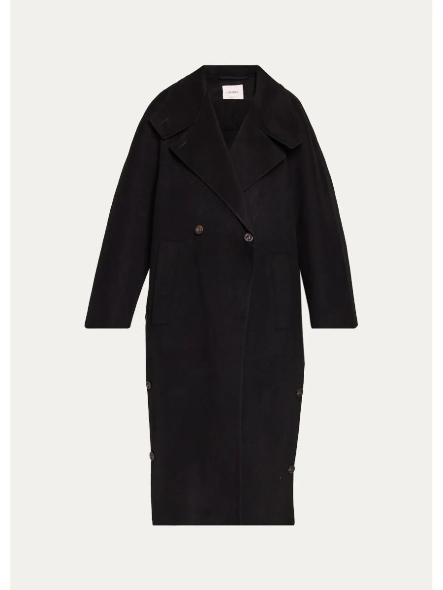 Double Shawl Wool-Cashmere Buttoned Hem Long Coat - 1