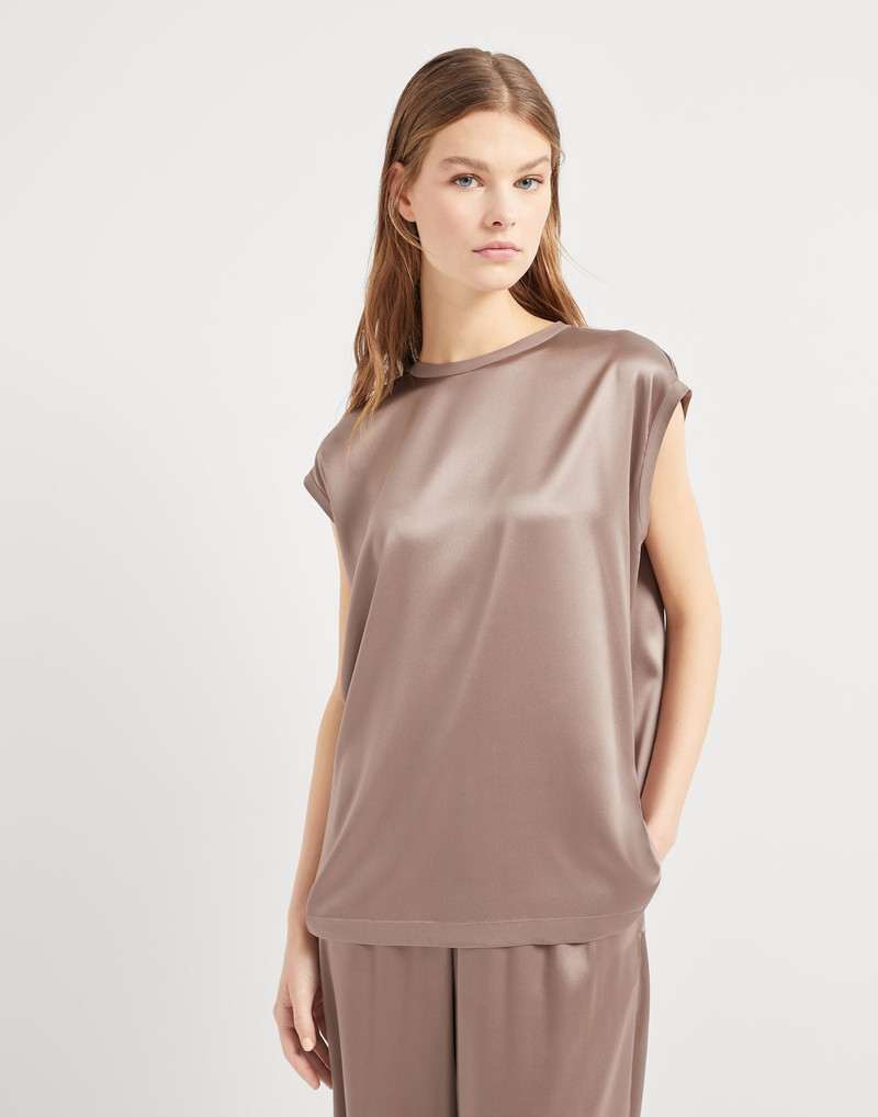 Stretch silk satin T-shirt with monili 1