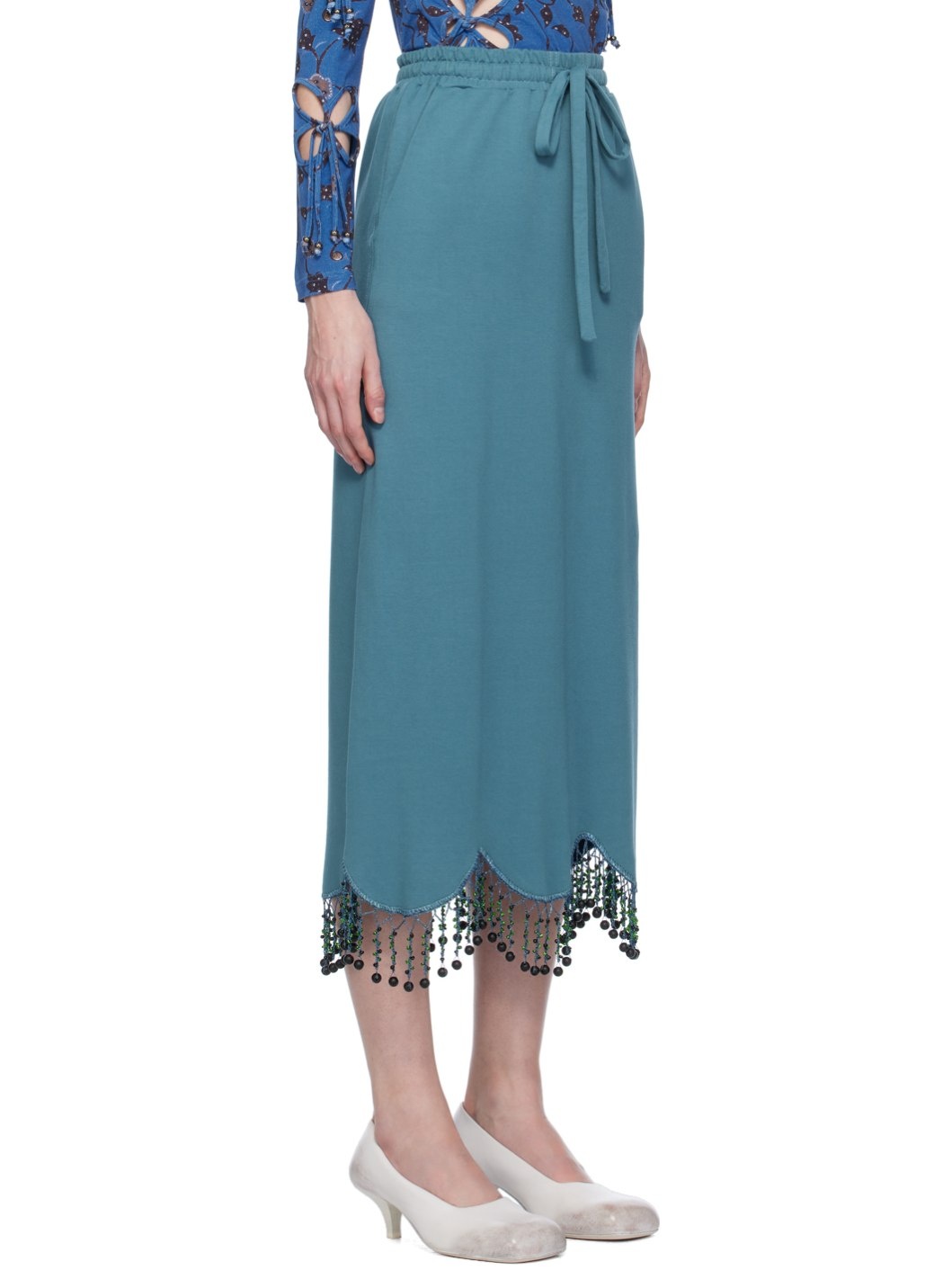 Blue Hand Beaded Midi Skirt - 2