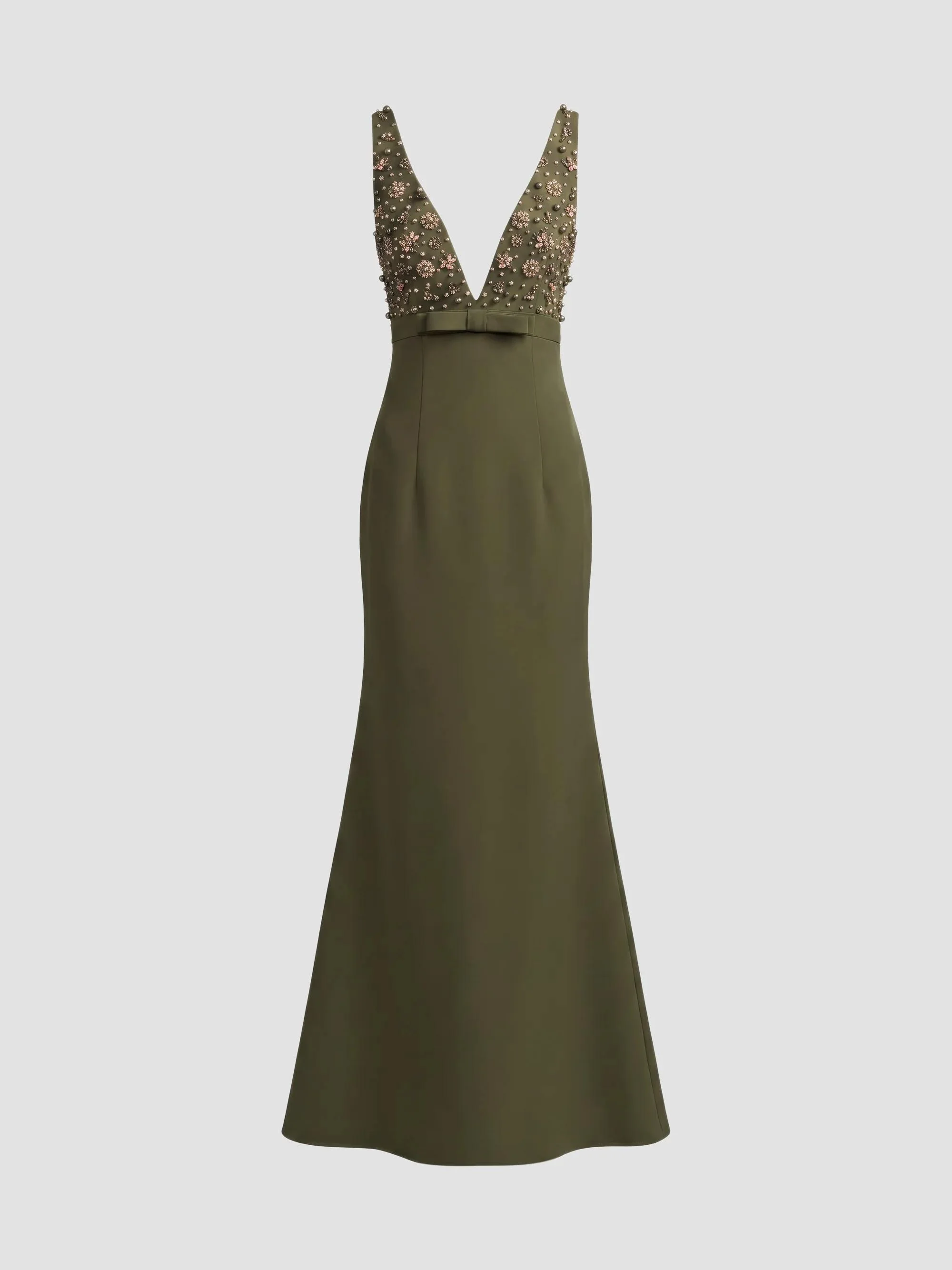 Women's Crêpe Floral Beaded Bow A-Line Gown - Olive - 1