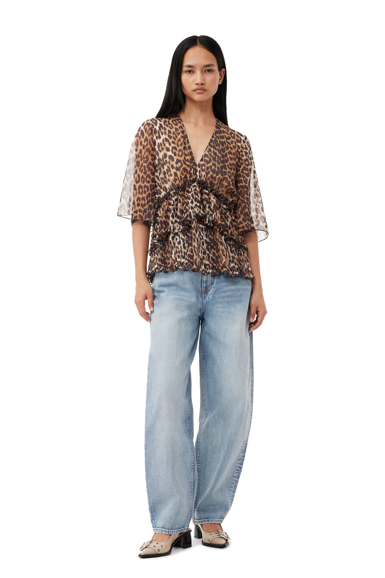 LEOPARD PLEATED GEORGETTE V-NECK FLOUNCE BLOUSE - 4