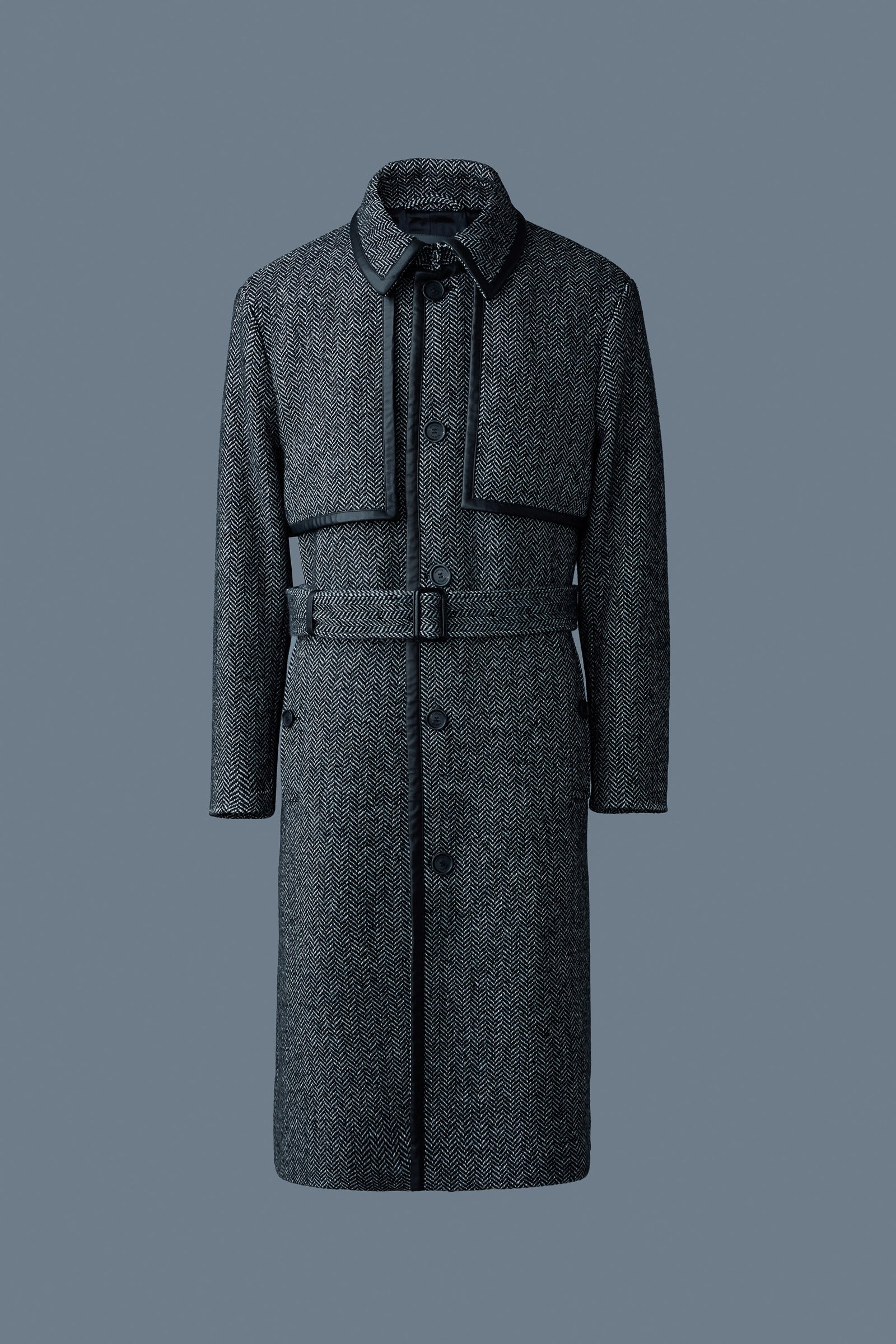 CORBIN-HB Herringbone wool trench coat with leather detail - 1