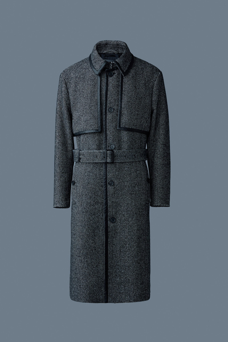 CORBIN-HB Herringbone wool trench coat with leather detail 1