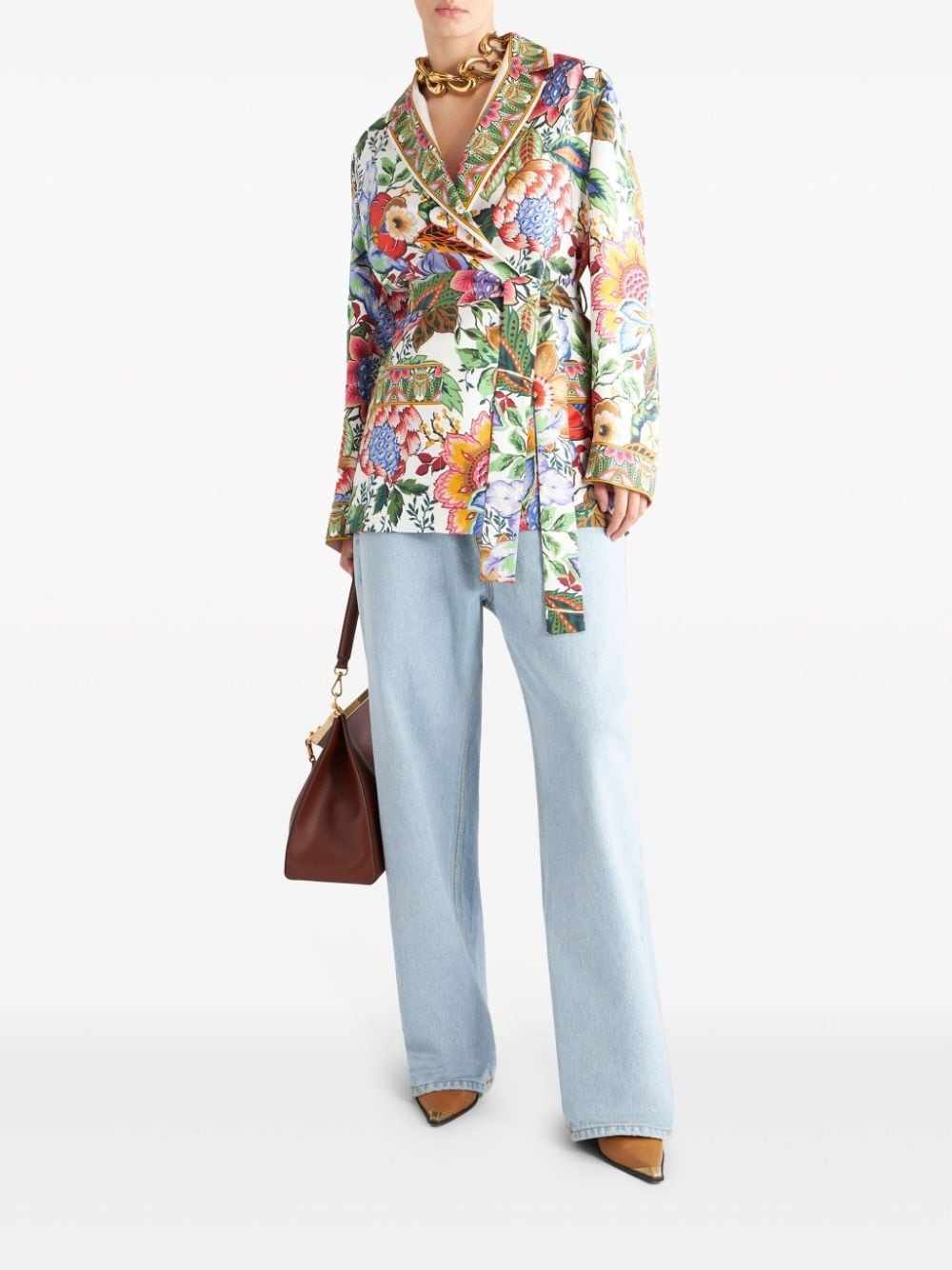 floral-print belted silk jacket - 2