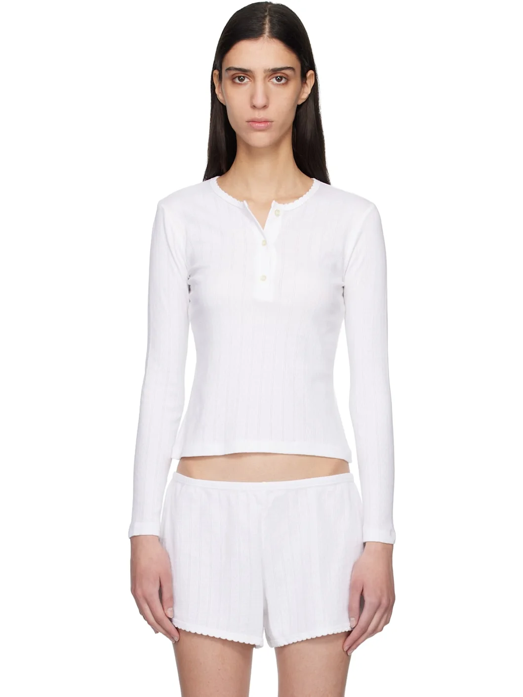 White Pointelle Long Sleeve Henley - 1
