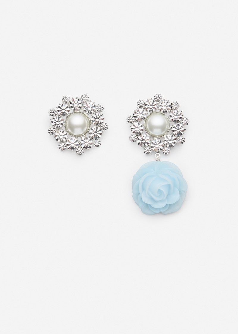 Pearl and crystal cluster earrings with blue rose drop 1