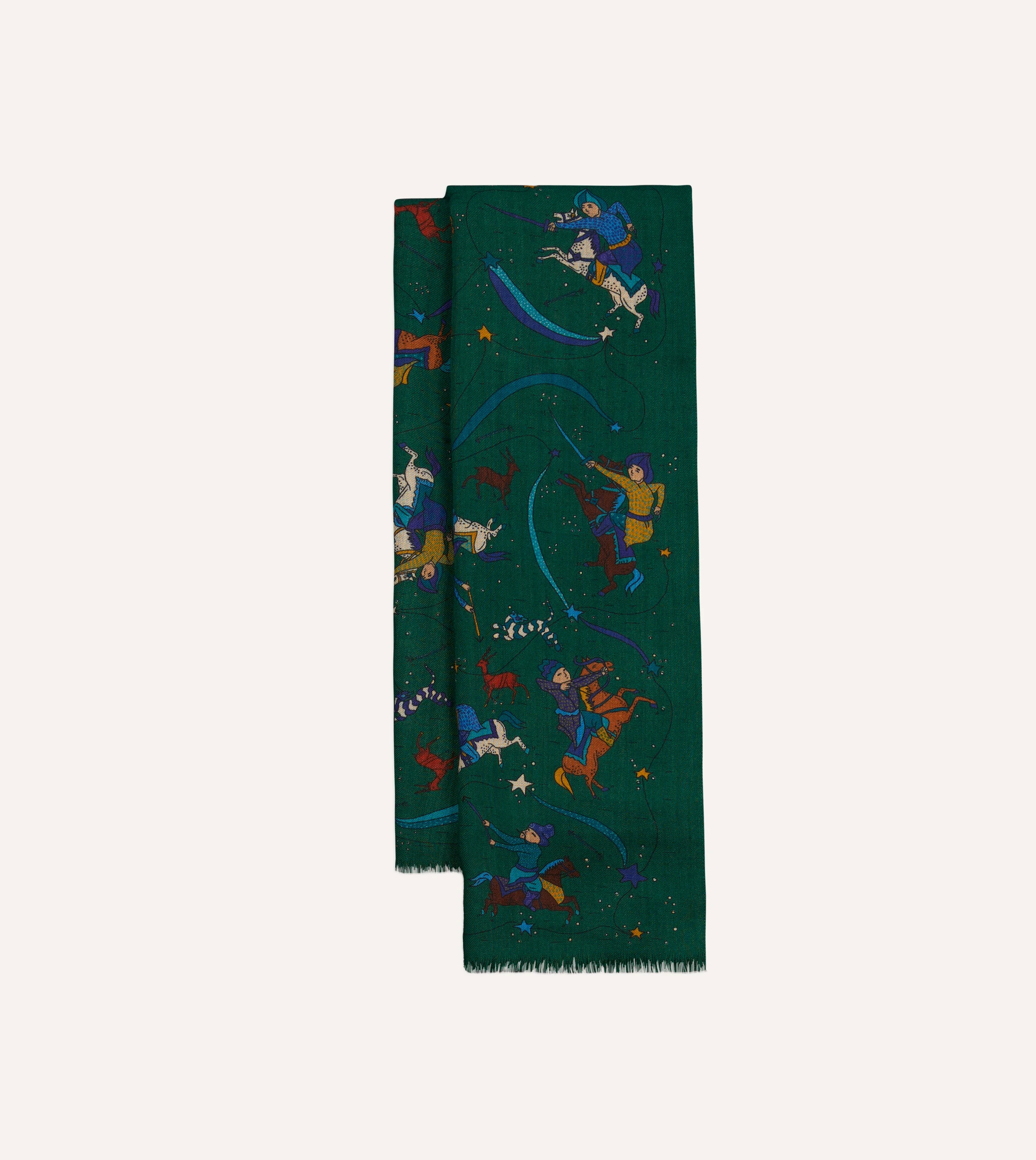 Green Mughal and Stars Print Wool Scarf - 1