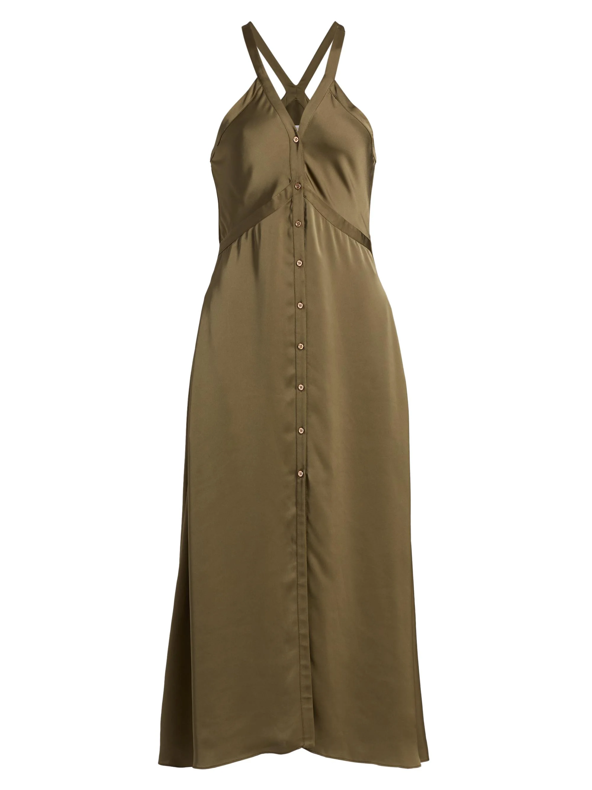 Women's Cynthia Button-Front Satin Midi-Dress - Olive Green - 1