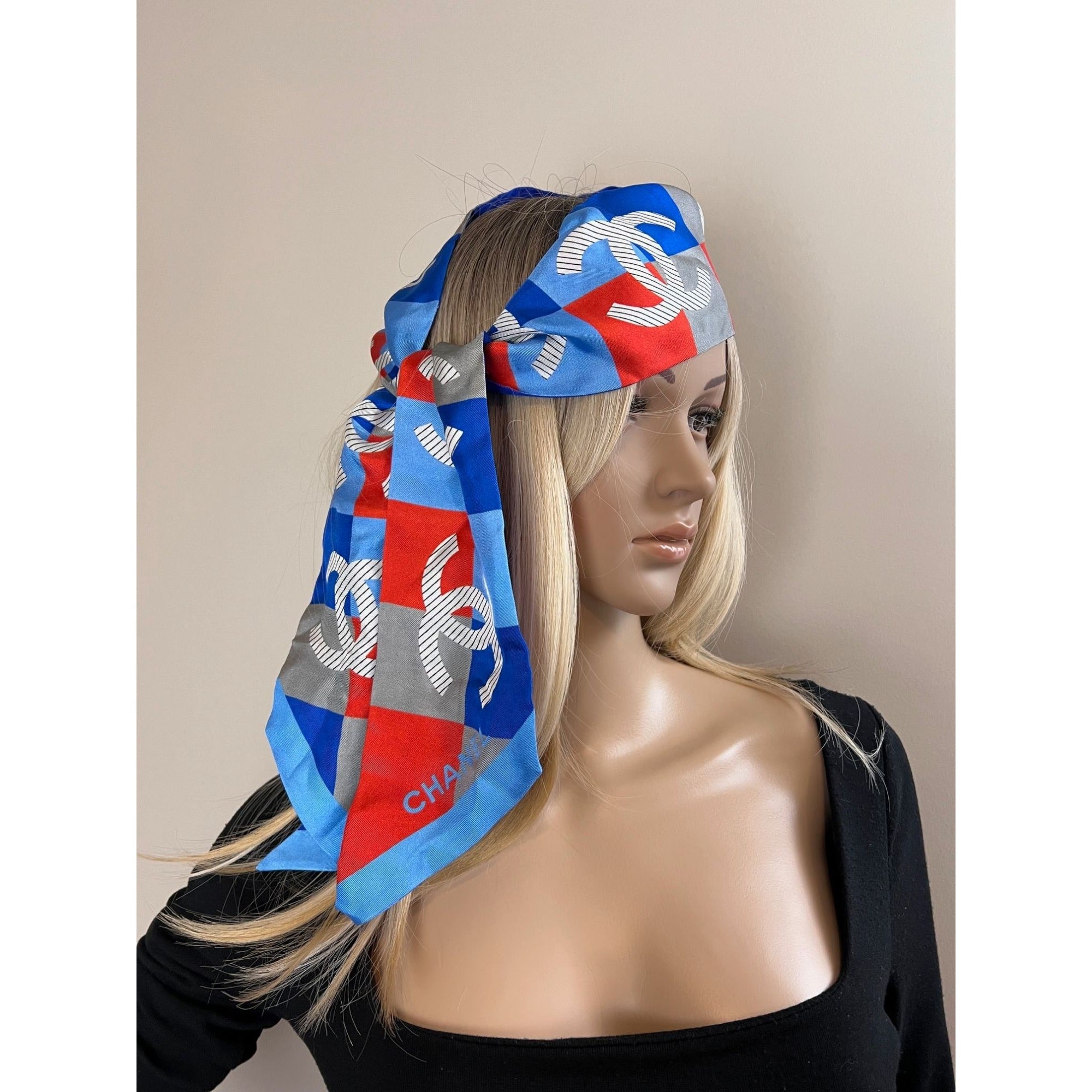 CHANEL Chanel Silk Twill CC Logo Slim Bandeau Scarf Navy Blue