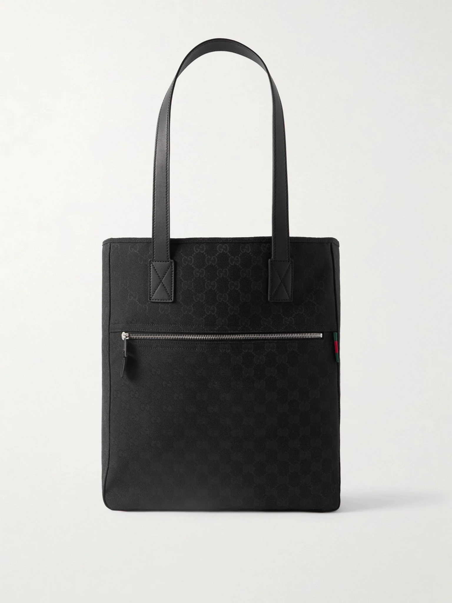 Neo Leather and Grosgrain-Trimmed Monogrammed Cotton-Canvas Tote Bag Black - 1