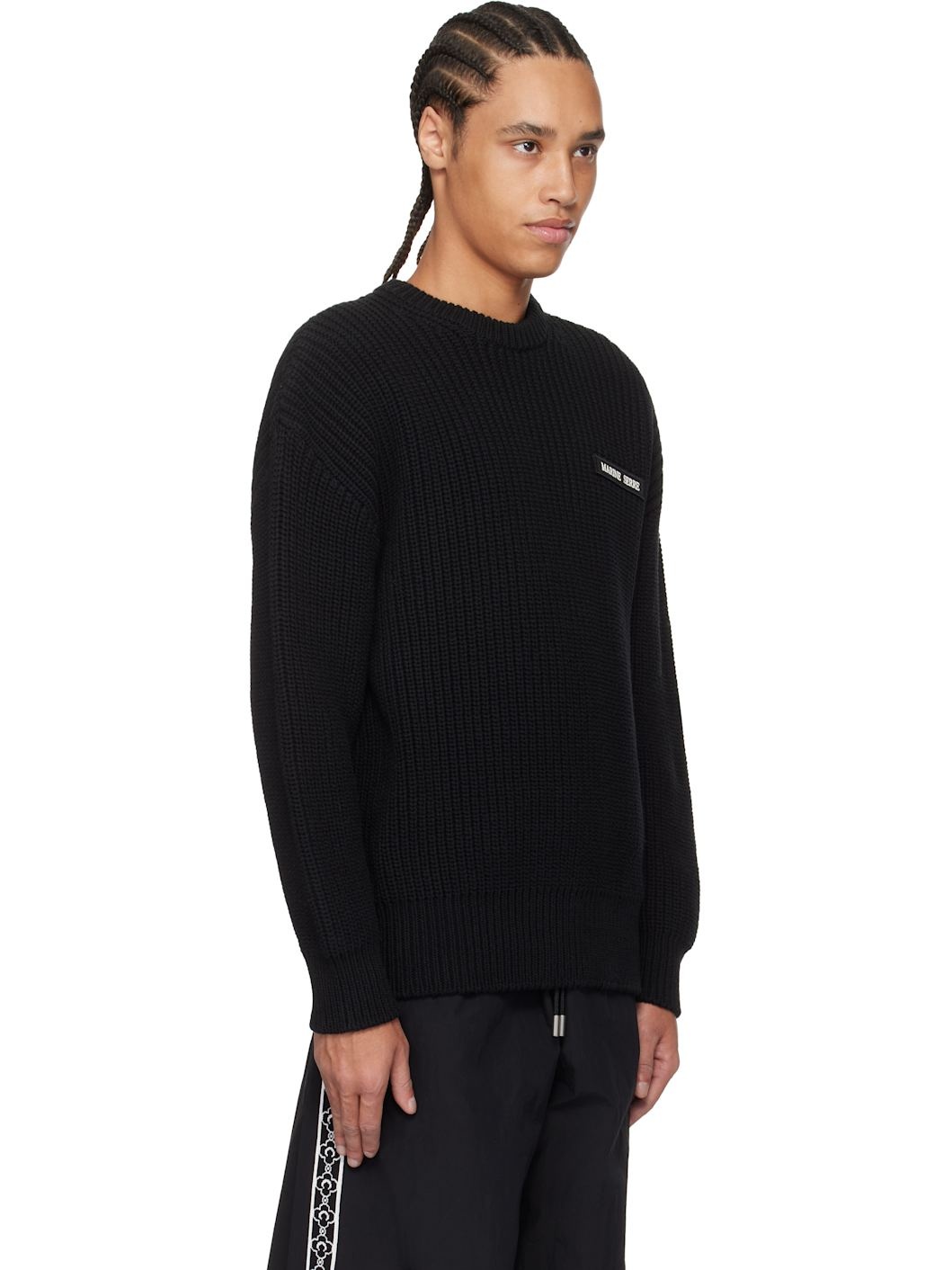 Black Half Cardigan Knit Crewneck Sweater - 2