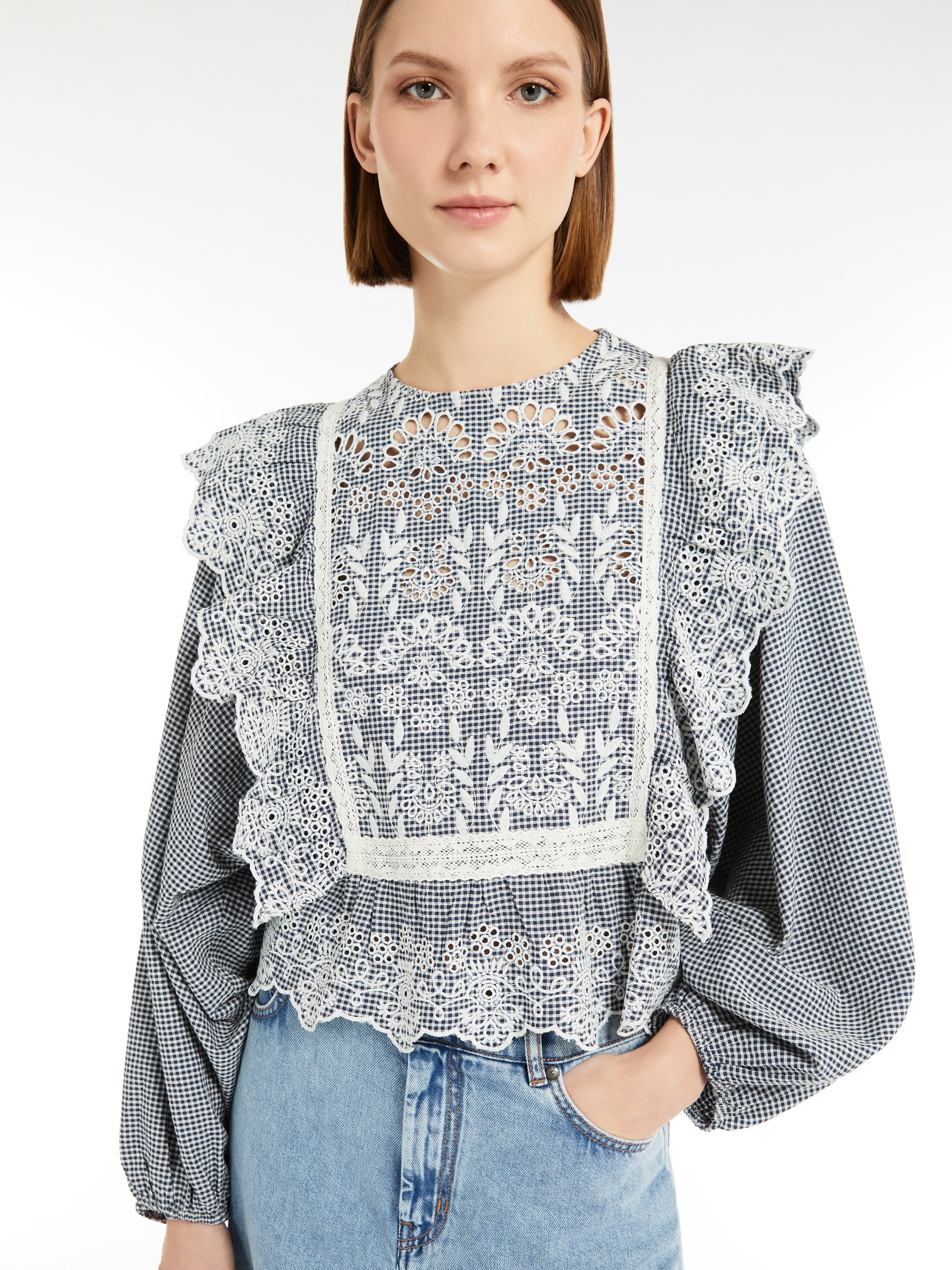 ORAZIO Gingham cotton-canvas blouse with embroidery - 5