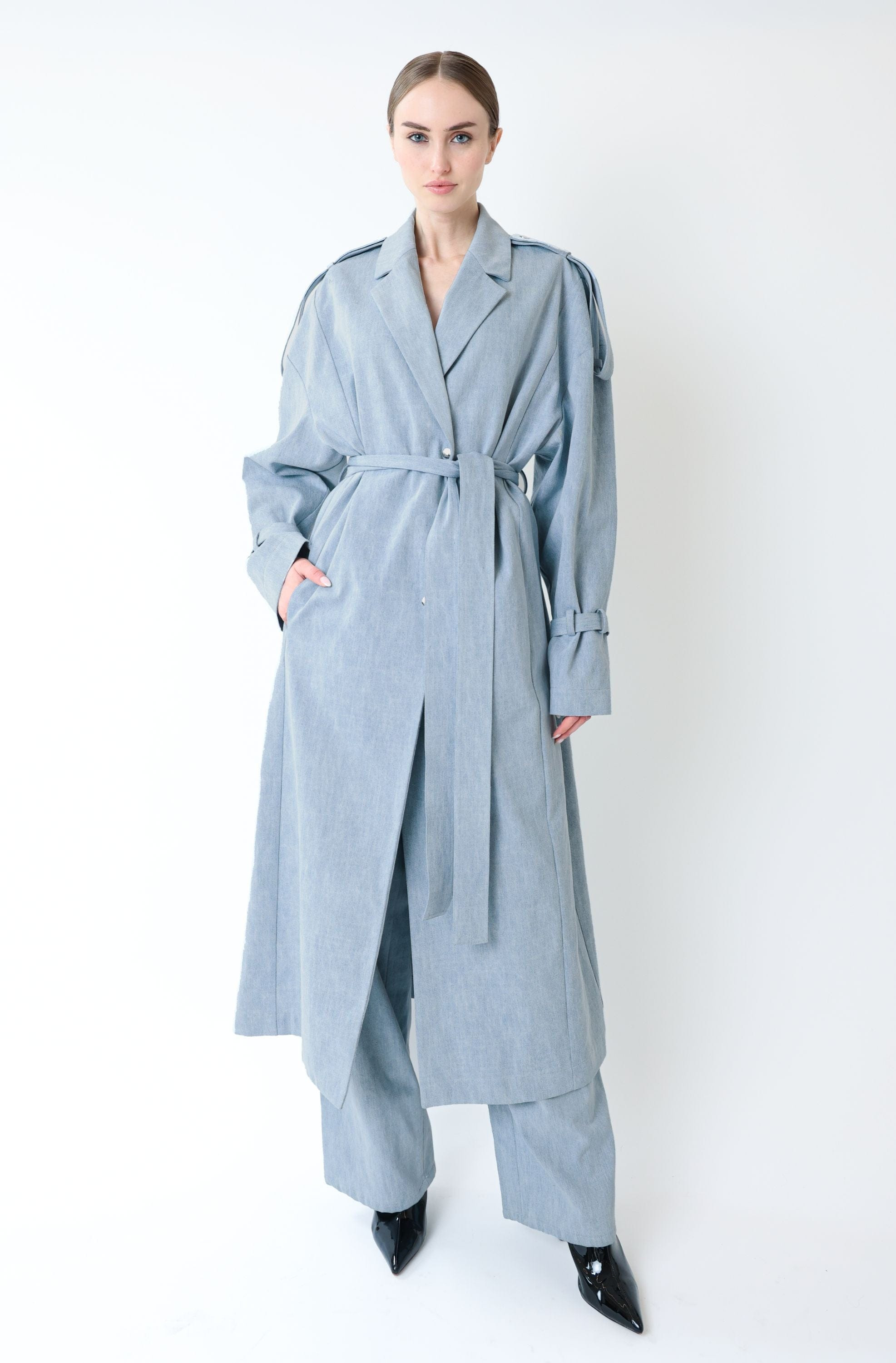 Washed Denim Relaxed Trench With Mongolian - 3