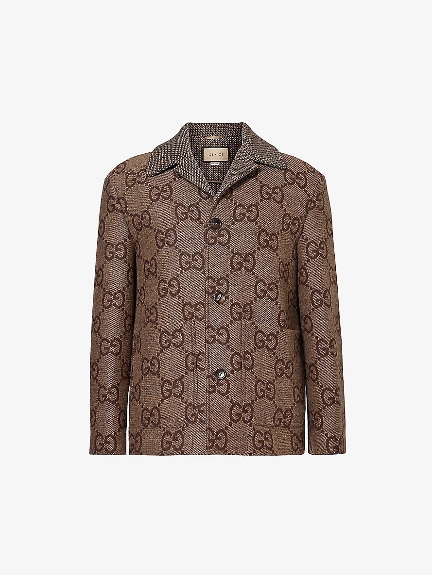 Monogram-pattern wide-collar wool jacket - 1