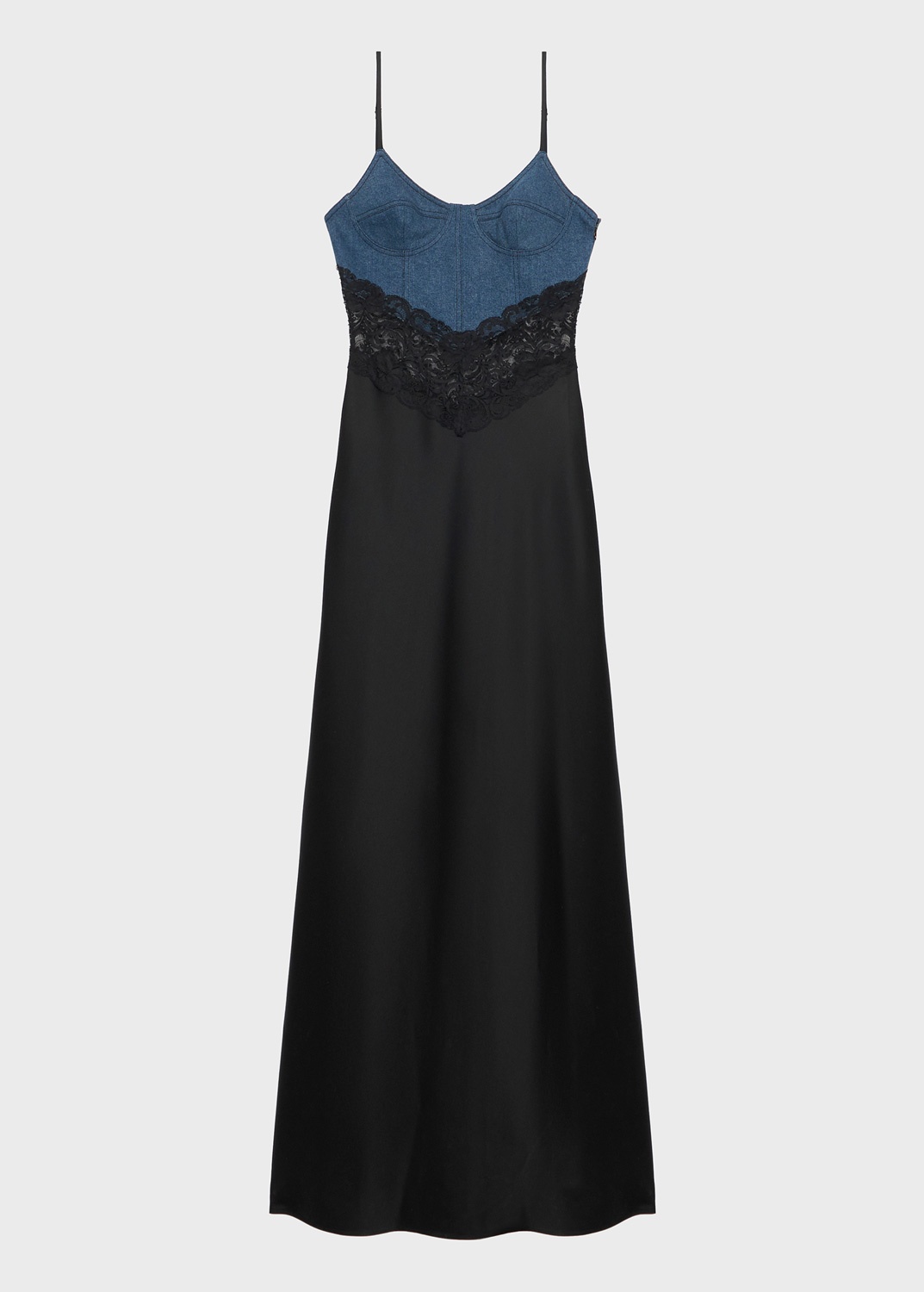 SATIN LONG DRESS WITH DENIM AND LACE INSERTS - 1